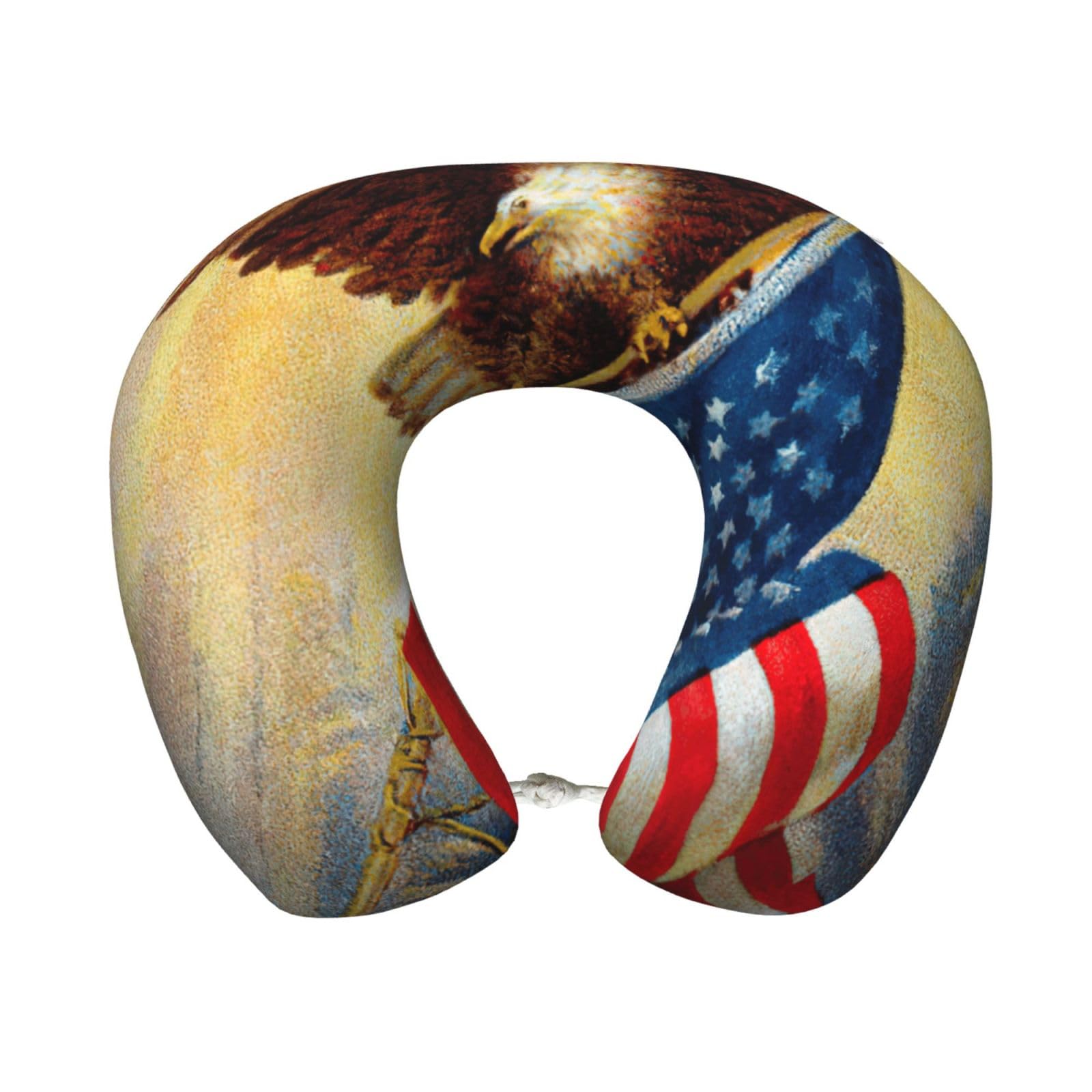 ASFgda U-Shape Memory Foam American Usa Flag Eagle Art Print Travel Pillow,Neck Support,Washable Cover For Airplane Car Home Office