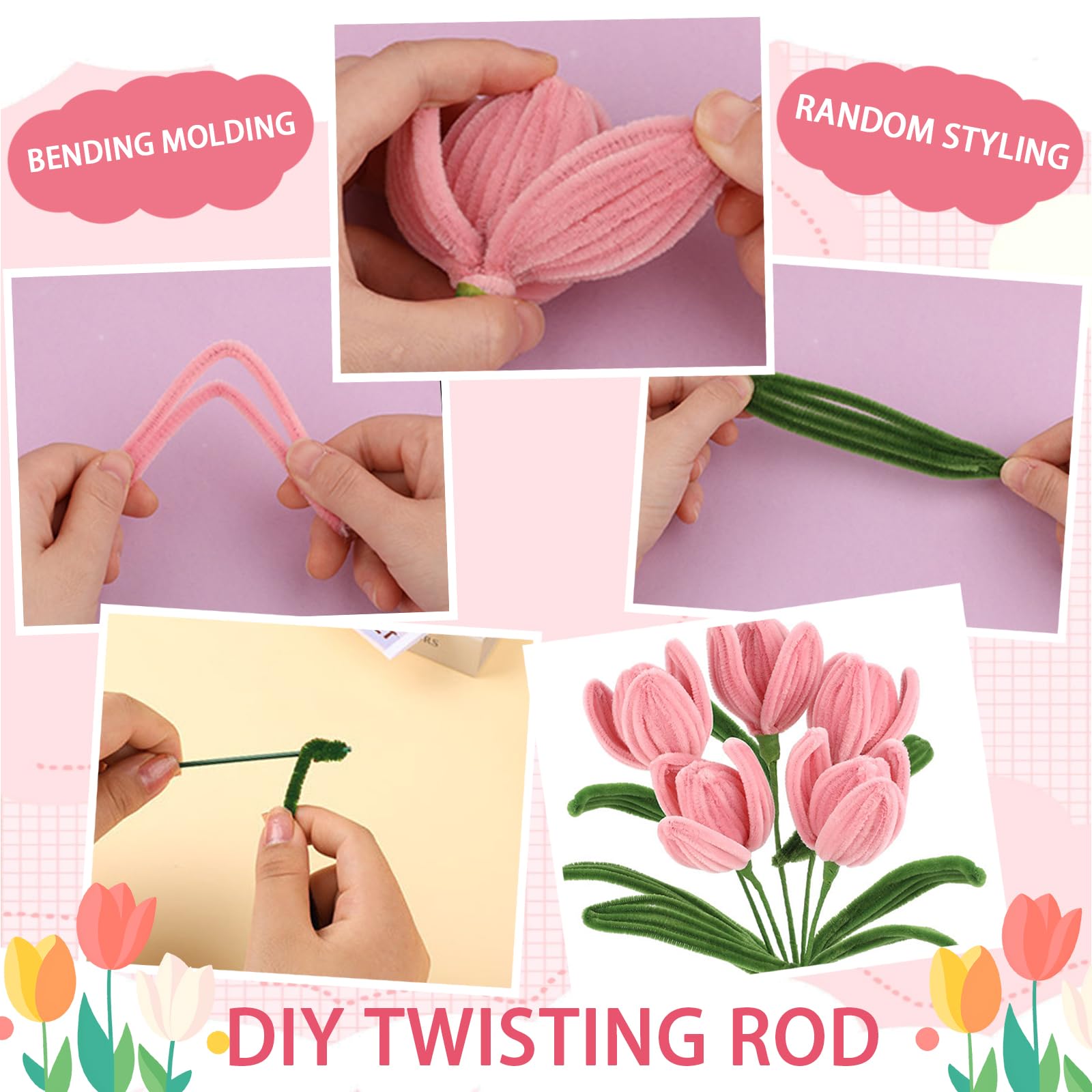 Bouquet De Tulipes - Kit De Cure-pipes Pour Le Bricolage - Kit De Nettoyage De Pipes - Fil Chenille - Bouquet De Tulipes - Fleurs Violettes Avec Bouquet De Fleurs En Papier Pour La Décoration