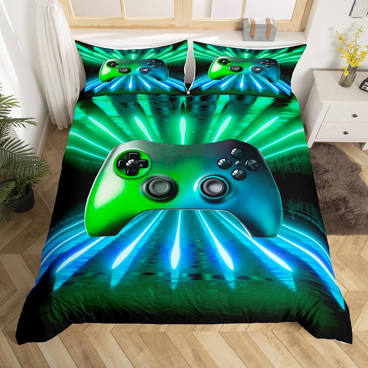 Homewish Green Blue Gamepad Bedding Set Game Player Comforter Cover King Size Modern Gamer Gaming Duvet Cover Neon Trippy Bedding Set For Kids Boys Girls Teens Young Man Room Decor