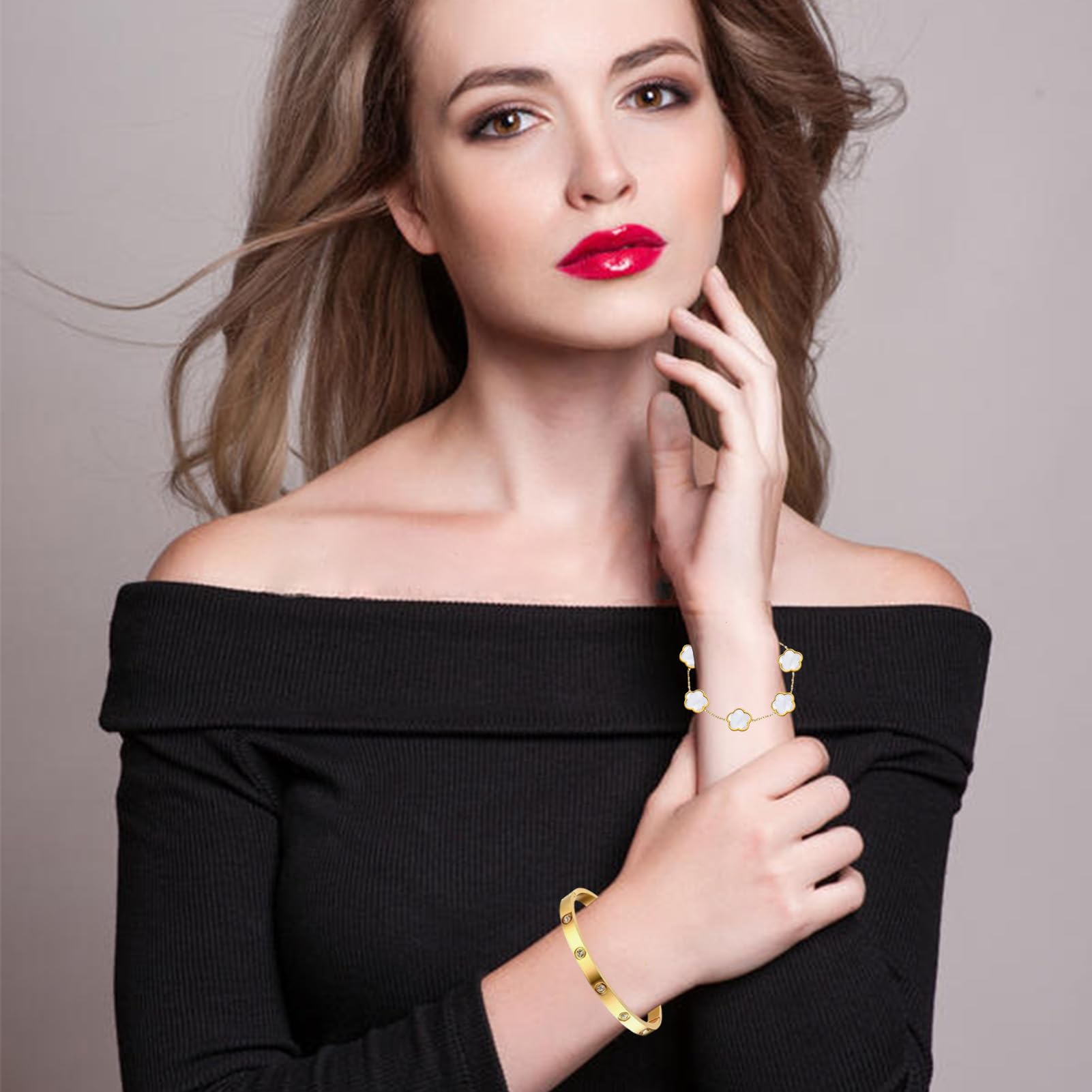 Zestaw biżuterii z czterema liśćmi koniczyny, 2 sztuki, bransoletka z koniczyną szczęścia dla kobiet, sztywna bransoletka damska, elegancki design, na ślub, urodziny, imprezę, zestaw 2