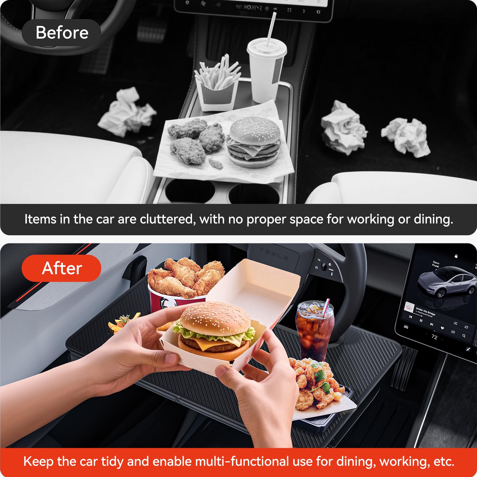 YONZEE 2-in-1 Car Steering Wheel Desk Tray Car Seat Gap Filler Organizer Foldable Carbon Fiber Look Table for — view 6