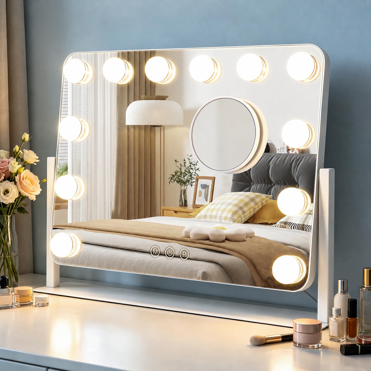 LuxeVue Makeup Mirror with Lights, Vanity Mirror with 3 Lighting Modes, Freestanding Light Up Mirror with Touch Sensor, Round 3.5" 10X Spot Magnifying, Metal Frame, 360 Rotatable -White