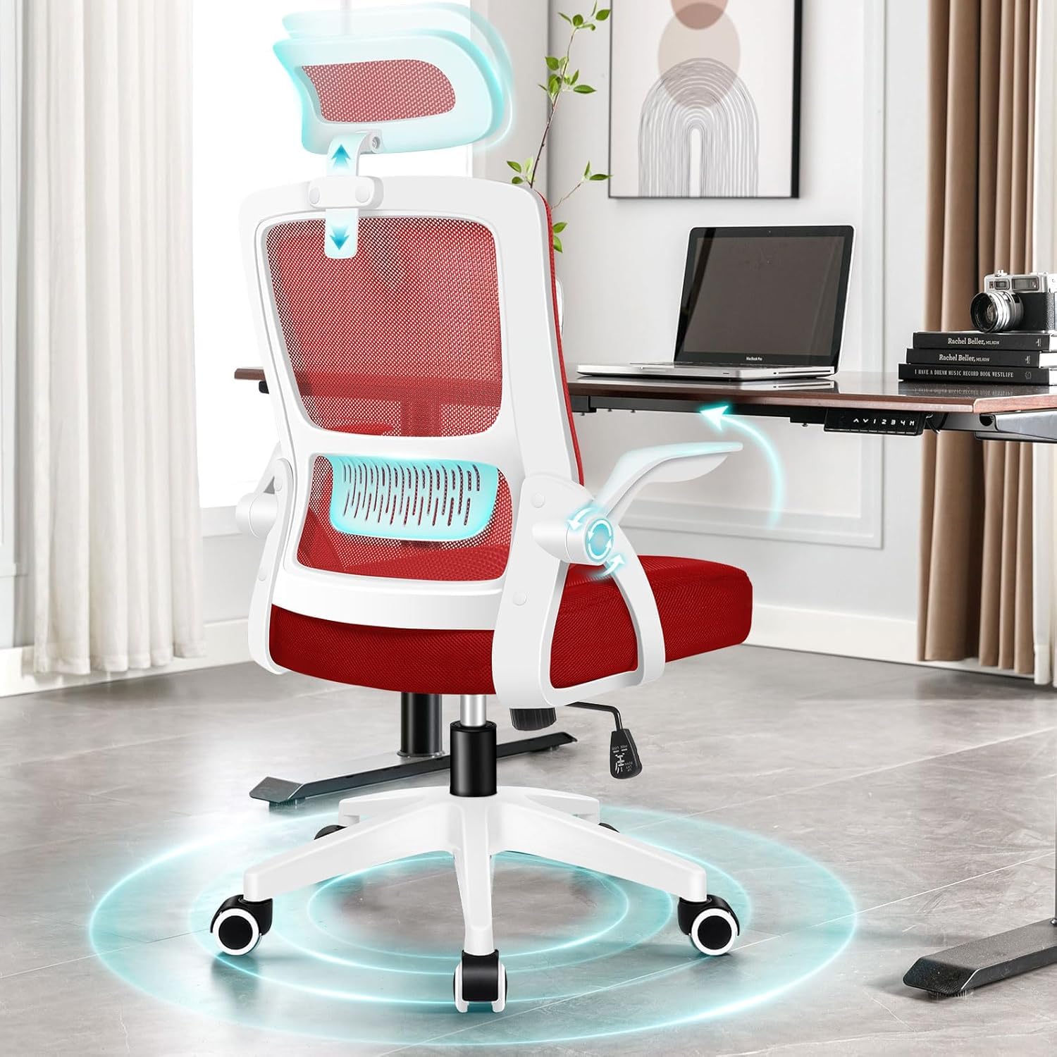 ALFORDSON Ergonomische bureaustoel, bureaustoel met warmtemassagefunctie, PU-lederen computerstoel met gevoerde armleuningen en zachte hoofdsteun, draaistoel met wielen, wit