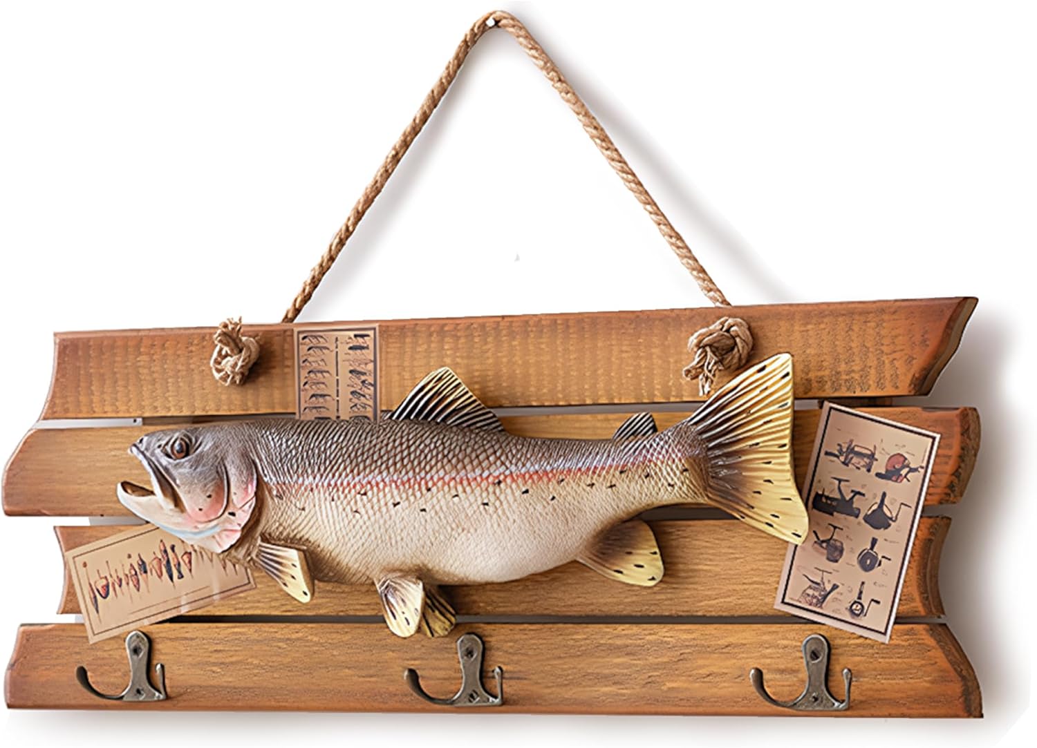3 Hooks Retro Nautical Style Fish Decorative Wall Mounted -Coat Rack & Key Holder，Wooden Fish Wall Hanging sign decor for Cabin, Lake House, Fishing Theme Decor - Rustic Farmhouse Entryway Organizer