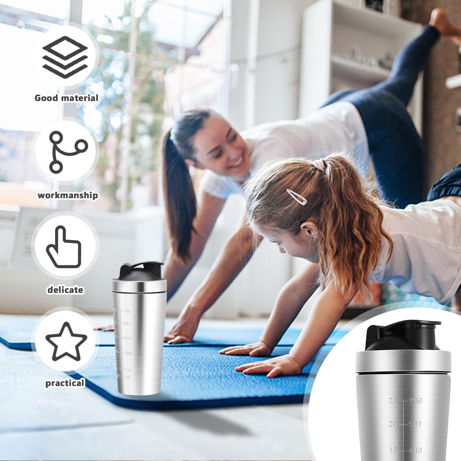 Shaker Proteine In Acciaio Inox 750 Ml Con Sfera A Spirale - Senza BPA, Per Frullati E Fitness, Scala Graduata