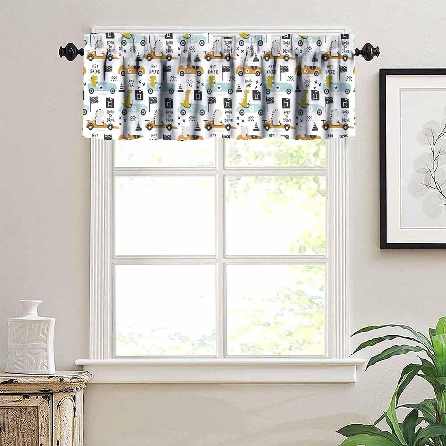 Cartoon Car Dinosaur Valance Curtain Race Cute Truck Car Themed Kawaii Print Rod Pocket Short Window Treatments for Kitchen Kids Boys Bedroom Nursery Bathroom Living Decor Drapes 54x18inch