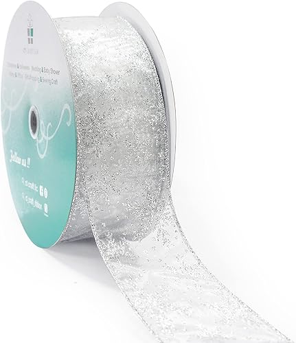 CT CRAFT LLC Cinta de organza con alambre de copos de nieve con purpurina plateada, 2.5 pulgadas x 50 yardas, para decoración del hogar de Navidad,