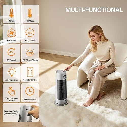 Miniatura 8 de Calentadores de espacio para uso en interiores, calentador eléctrico portátil con luz nocturna, calentador de cerámica PTC de 1500 W con 4 modos,