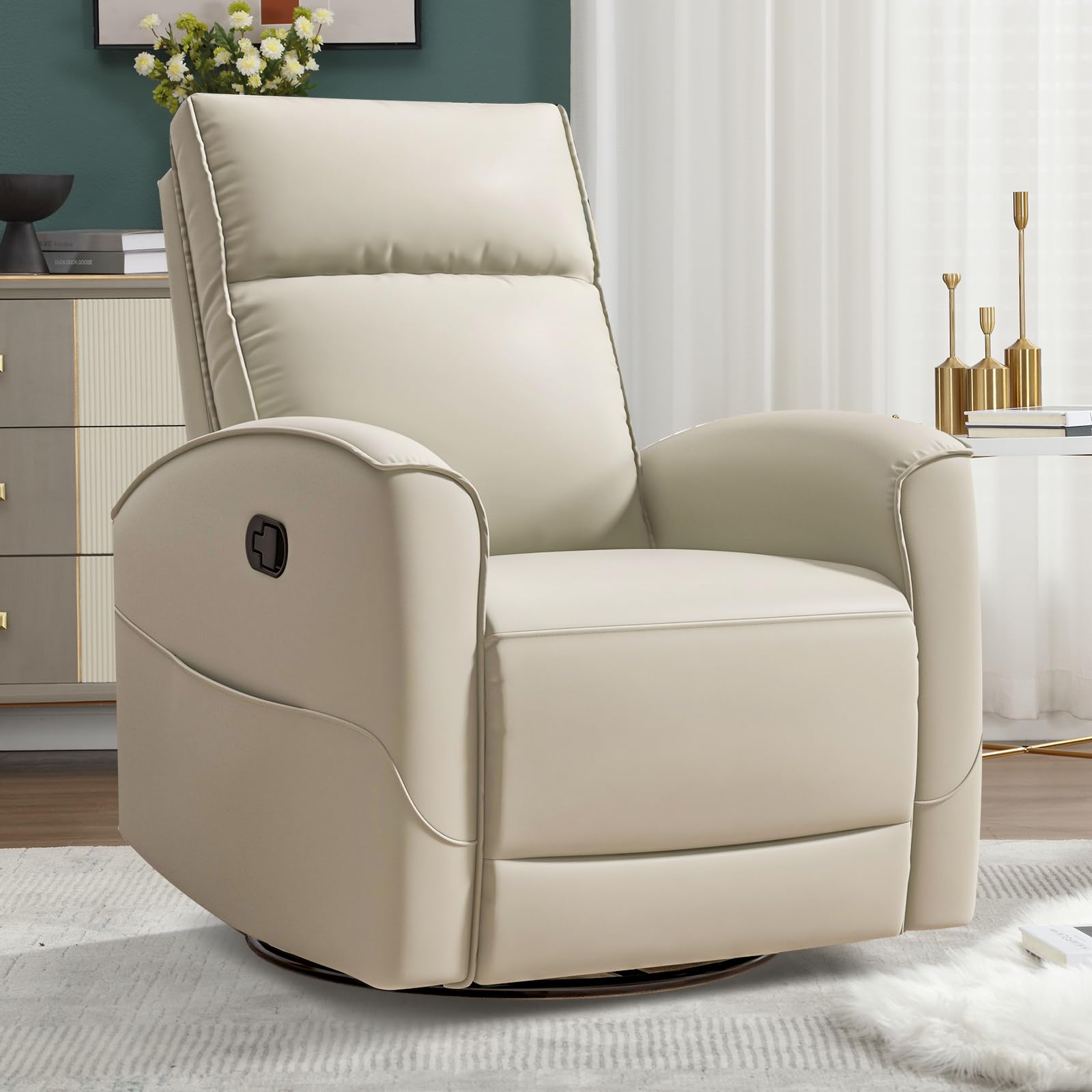 HAOMARKETS Swivel Rocker Recliner Chair, Manual Faux Leather Glider Rocking Recliners for Adults, 360° Swivel Nursery Reclining Sofa with Storage Pocket