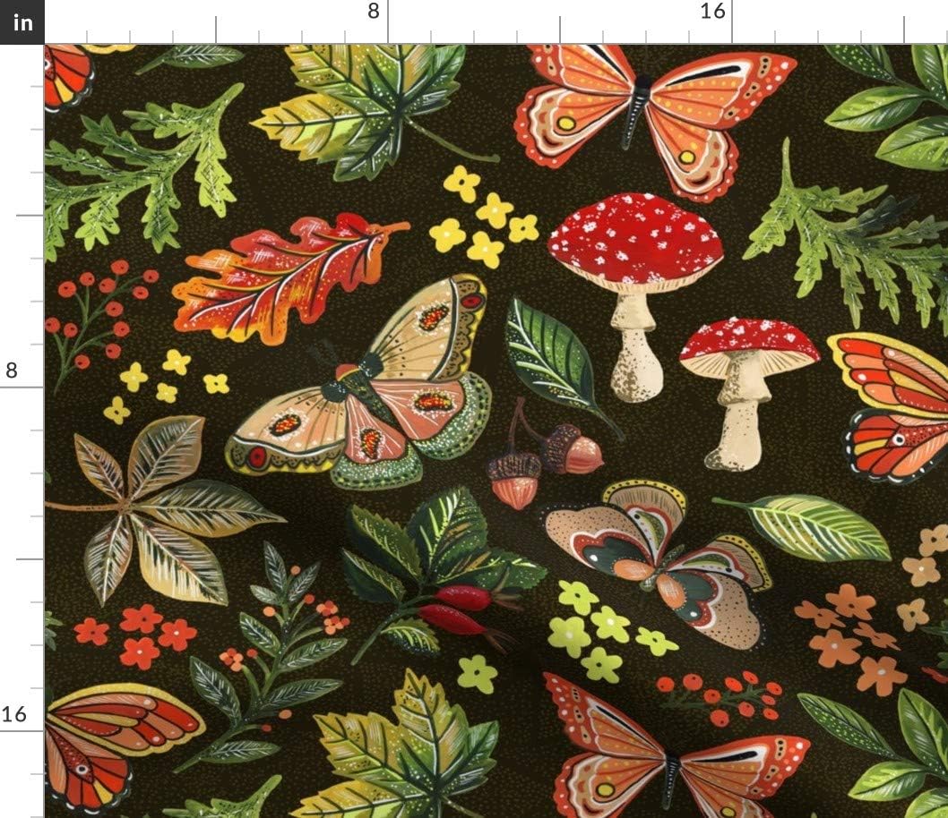 Spoonflower Fabric - Painted Woodland Autumn Fall Red Mushrooms Moths and Ferns Greenery Printed on Petal Signature Cotton Fabric by The Yard - Sewing Quilting Apparel Crafts Decor