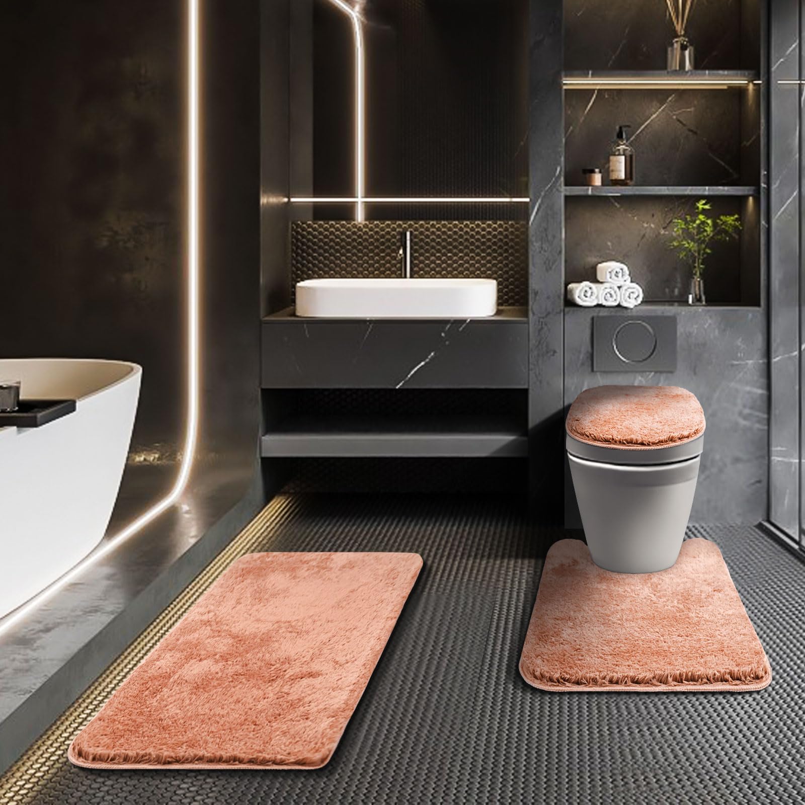 Baahrnom Bathroom Rugs Sets 3 Piece with Adjustable Toilet Seat Cover 17.5"x 15" Machine Washable Bath Rug Set with TPR Non Slip Rubber Backing Solid Bath Mat Set for Luxury Bathroom Decoration