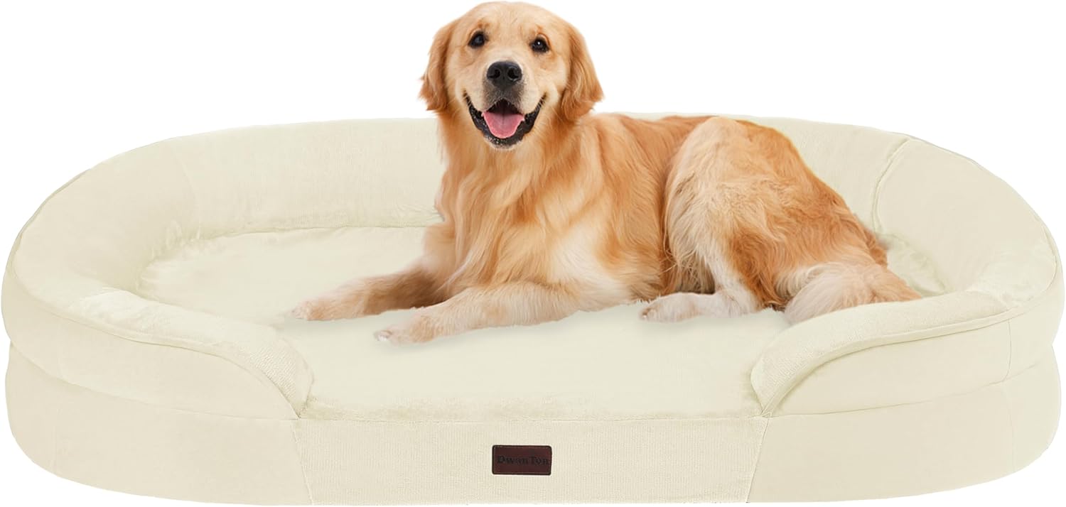 Cama de cachorro ortopédica Dwanton para cães grandes com espuma de memória em gel, sofá-cacho impermeável, cama lavável para animais com almofada de apoio de quatro lados, capa removível e fundo antiderrapante, 42", bege