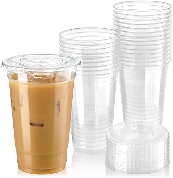 Fit Meal Prep 50 Pack 20 oz Clear Plastic Cups with Flat Lids, Disposable Iced Coffee Cups, BPA Free Premium Crystal Smoothie Cup for Party, Lemonade Stand, Cold Drinks, Juice, Milkshake