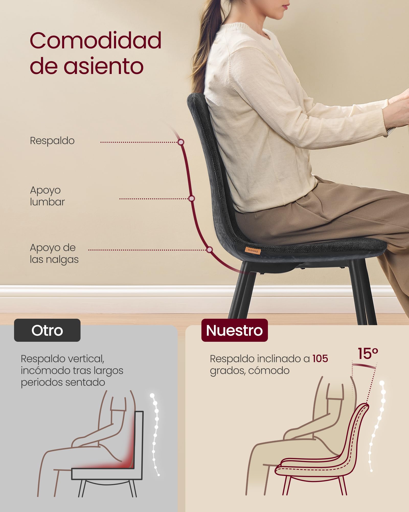 VASAGLE Sillas de Comedor, Juego de 2, Soporte de Metal, Pies Ajustables, Fácil Limpieza, Sillas de Cocina, Tejido de Chenilla, PU con Textura Brillante, Gris Pizarra KDC187G01 — view 5