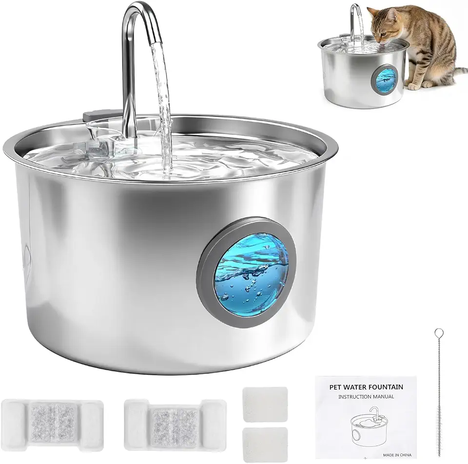 Fonte de Água pra Gato, Bebedouro para Gatos Silenciosa Inox Carvão Ativado LED Indicador Fonte De Água para Cães e Gatos (3,2L)