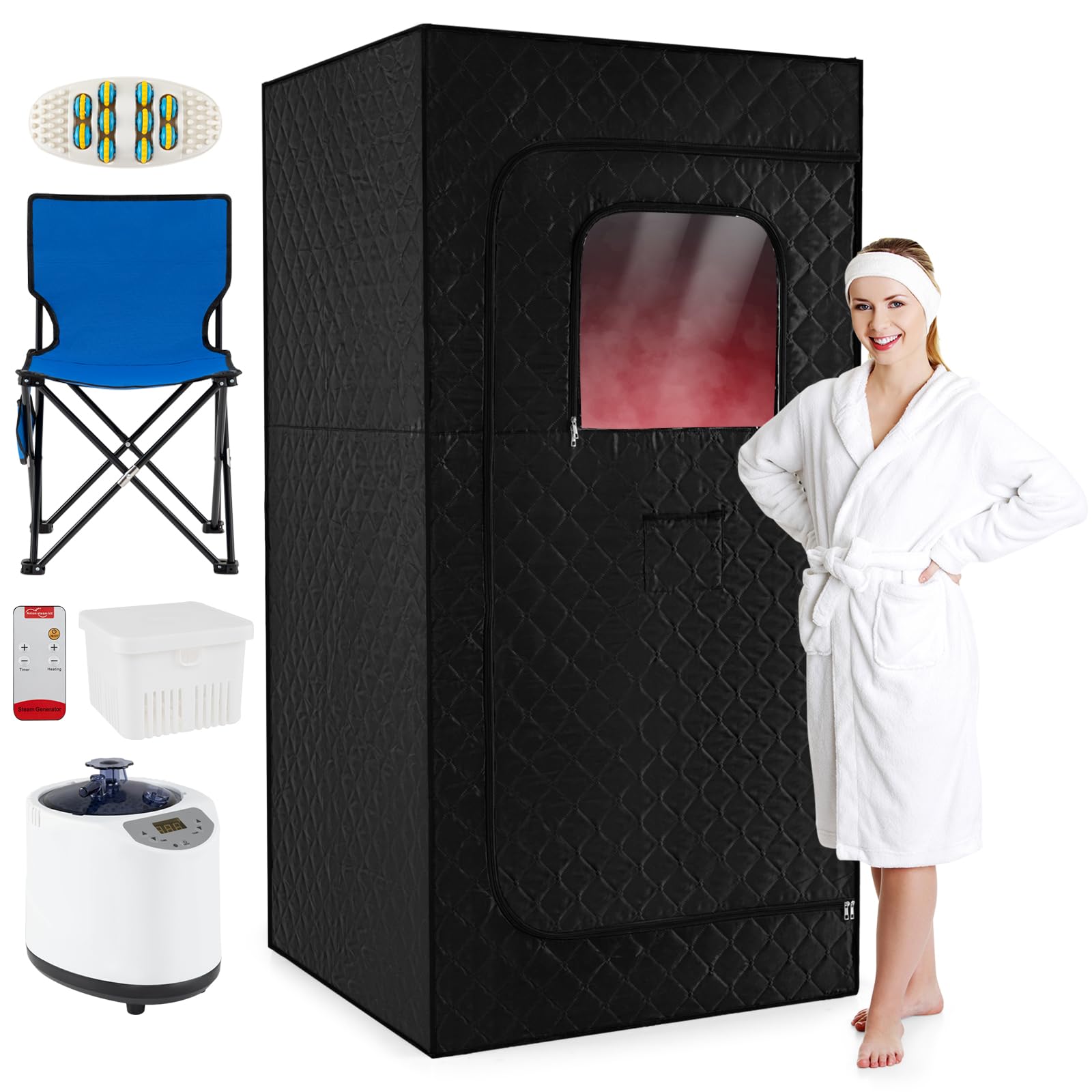 COSTWAY Sauna parowa 3 l, 1200 W, namiot do sauny z 15-stopniową regulacją temperatury, pilot zdalnego sterowania, timer, składane krzesło i mata, przenośna sauna domowa (88 x 88 x 179 cm, czarna)