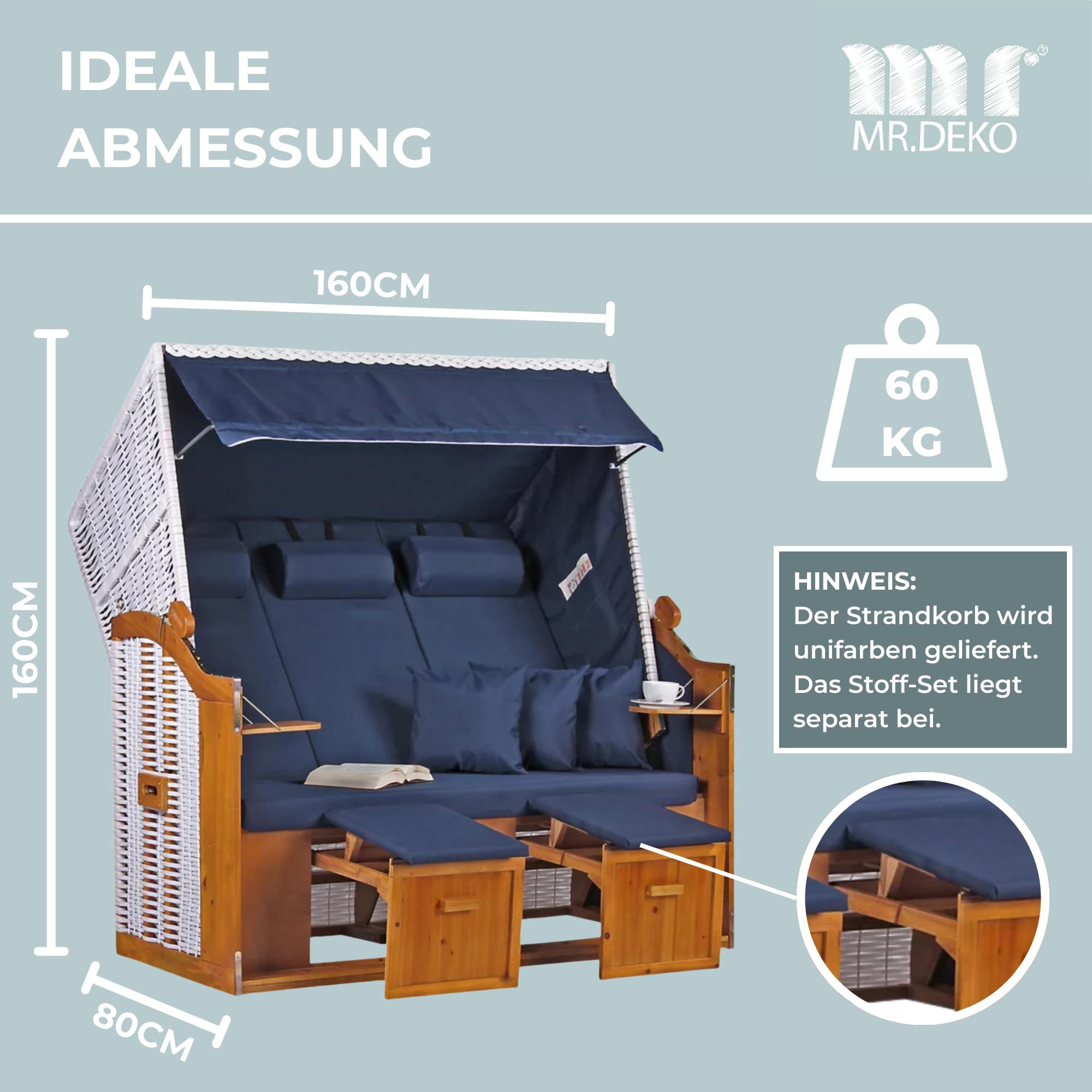 MR. DEKO® Strandkorb Ostsee XXL | Volllieger Strandstuhl Liegestuhl | Dreisitzer PE Geflecht Weiß inkl. 6 Kissen | Strandkörbe aus Hartholz, Garten, Wintergarten und Terrasse (Dessin Uni Blau)