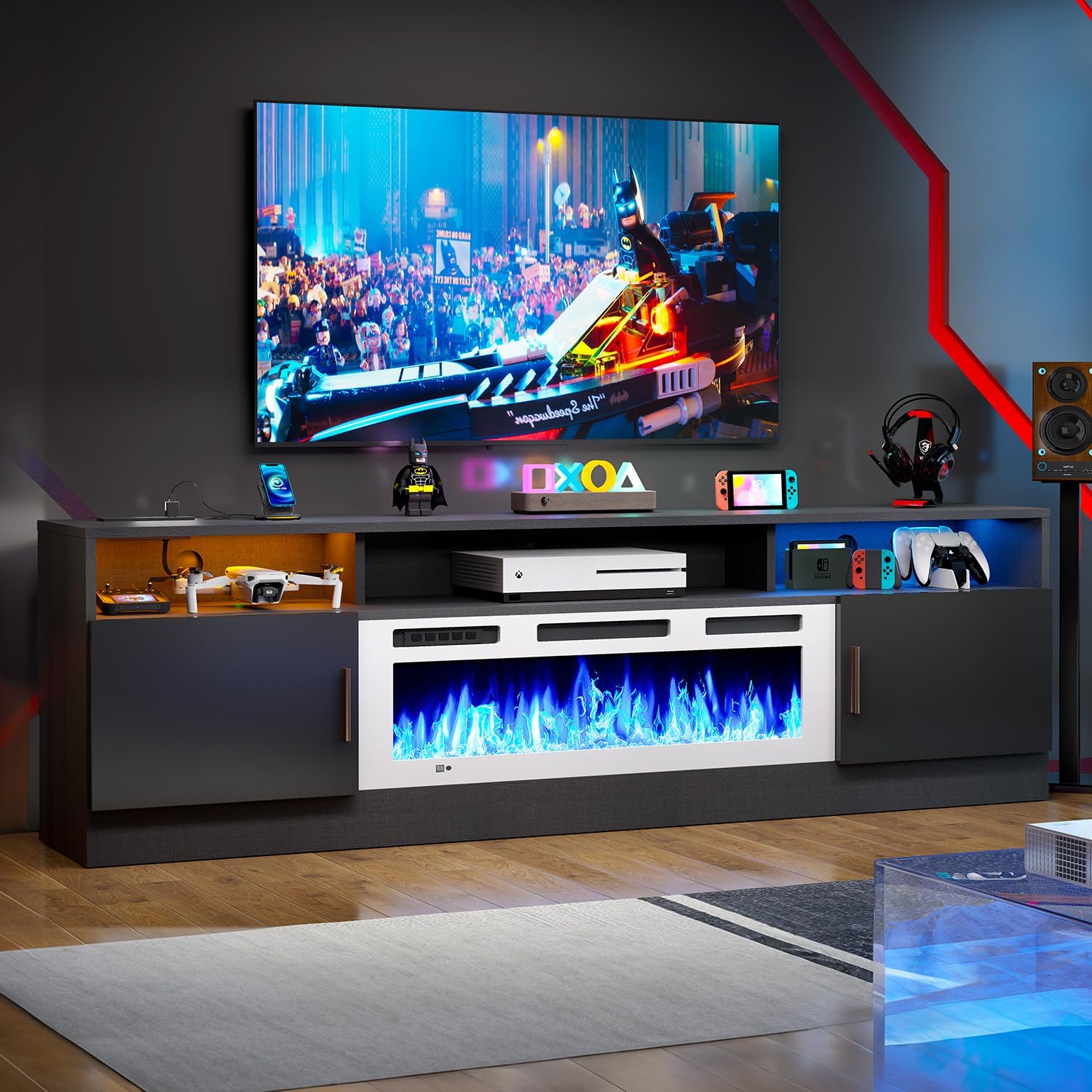 Diagram showing the dimensions of the 36-inch fireplace insert and the 70-inch TV console table, including width, depth, and height measurements.