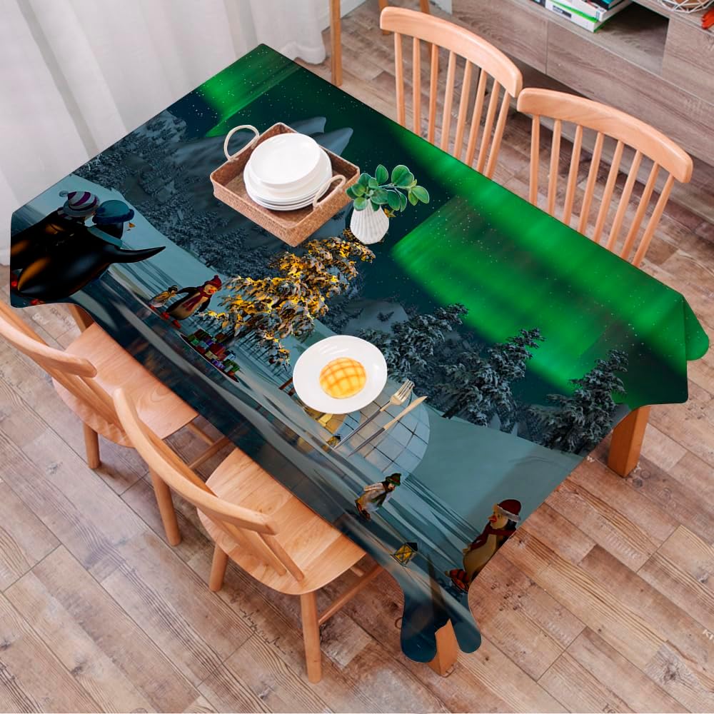 – Table Cloth Wipe Clean Rectangular, wipeable tablecloths,Dining Table Cover for Kitchen Outdoor Garden Table,Northern lights, penguins over frozen lake with arctic circle christmas t,54x72 in