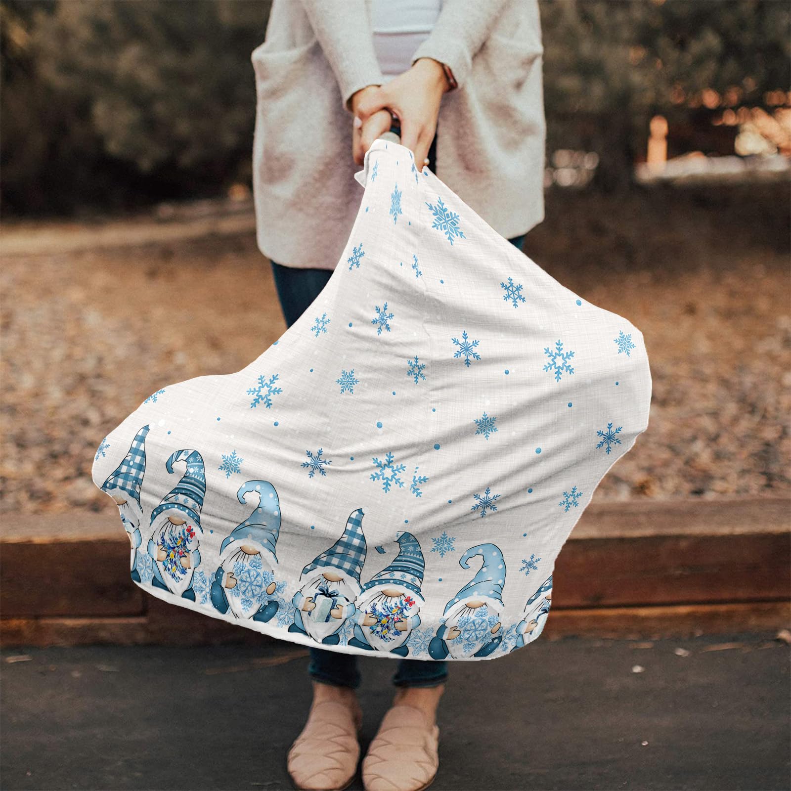 Nursing Cover for Breastfeeding Scarf, Vintage Blue Snowflake Gnomes Christmas Baby Car Covers Super Soft Multi Use for Canopy Shopping Cart Cover Blanket Stroller Cover