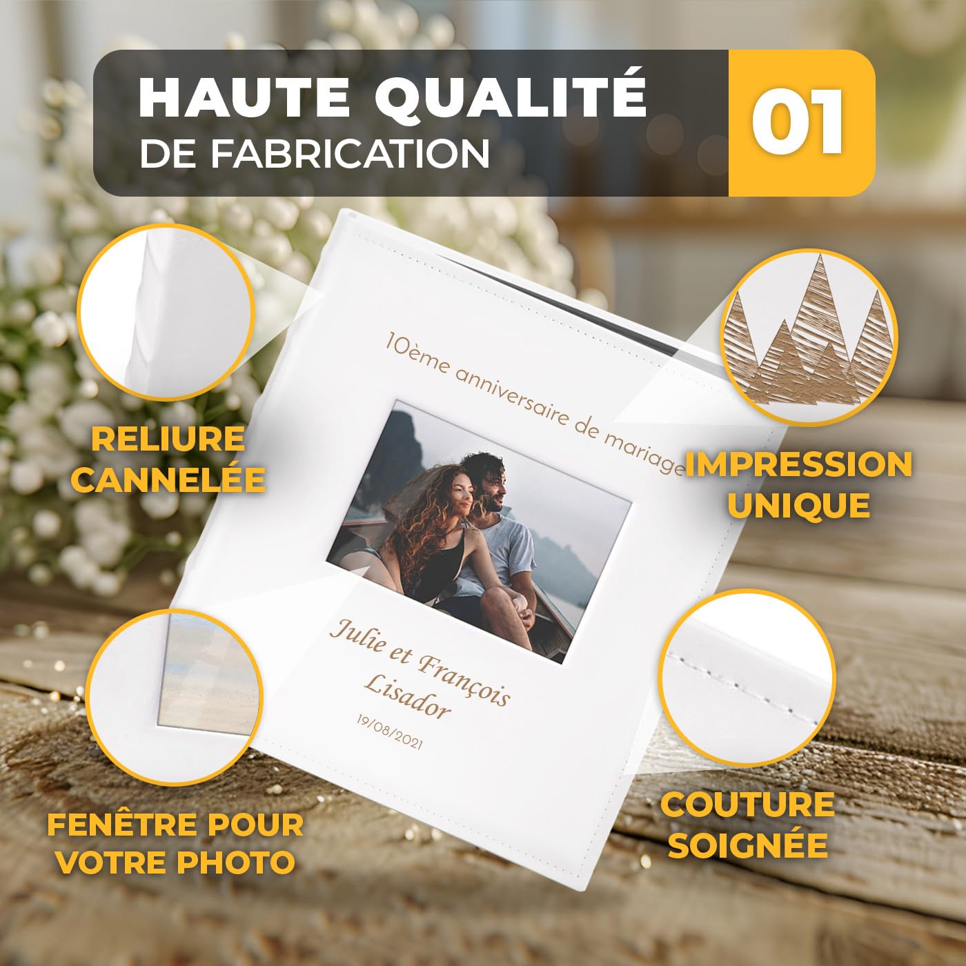 Maverton Album Photo en cuir blanc avec une poche ouvrable, Cadeau d’anniversaire pour chaque couple, Album sous forme de livre avec impression - anniv de mariage