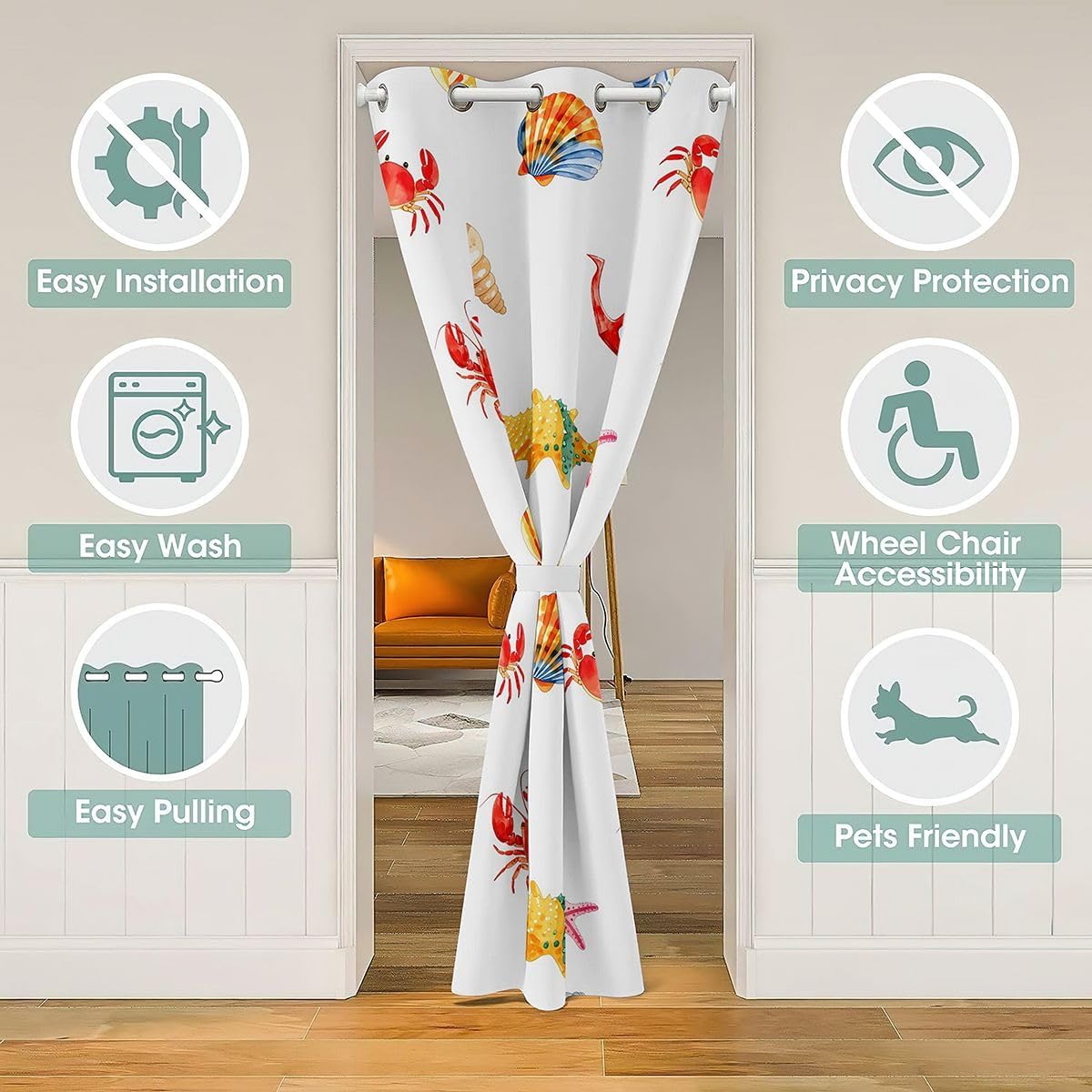 Castle Fairy Crab Lobster Anchor Door Curtain for Doorway Privacy,Nautical Seashell Starfish Sliding Closet Door Curtains Marine Animals Privacy Curtains Cover for Room Divider Coastal Style,W42 X L80 image 3