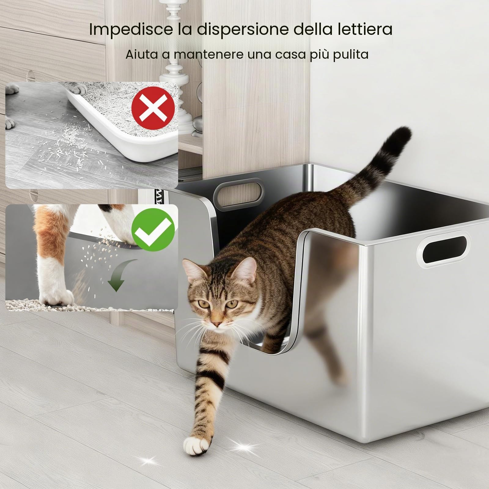 PTLOM Lettiera per gatti in acciaio inox, XL, con lati alti 35 cm, antiruggine, a prova di perdite, ingresso basso per gatti anziani, ruote per un facile spostamento, ideale per famiglie con più gatti