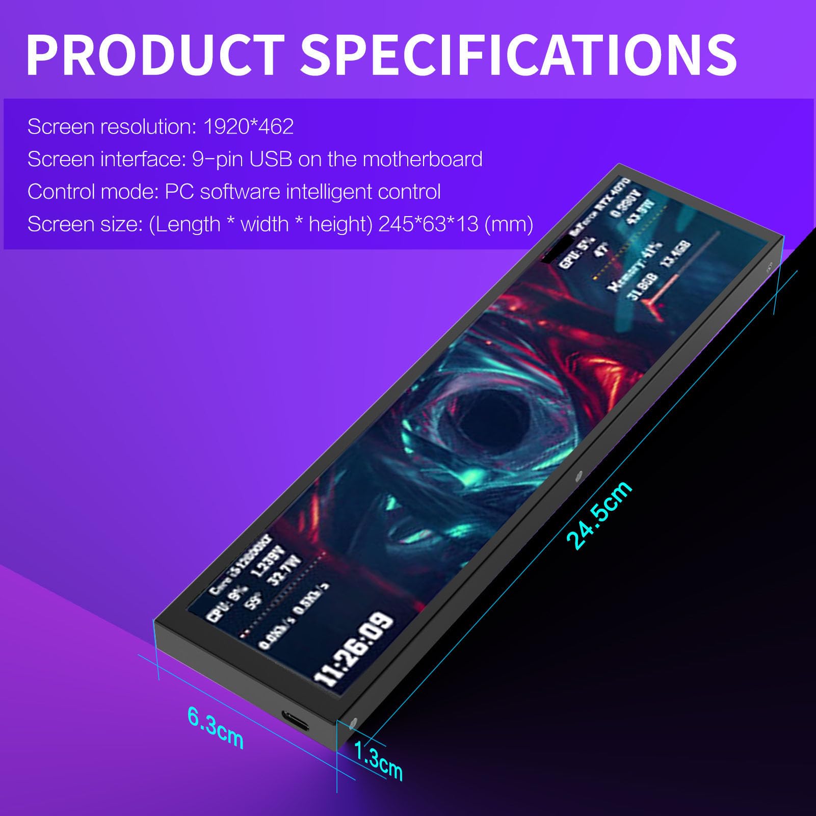 Luocute Schermo Secondario per Computer da 9,2 Pollici, Display Temperatura GPU CPU PC FHD 1920x462, con Temi Video Dinamici e Layout Personalizzati, per Programmatori Personali (BLACK)