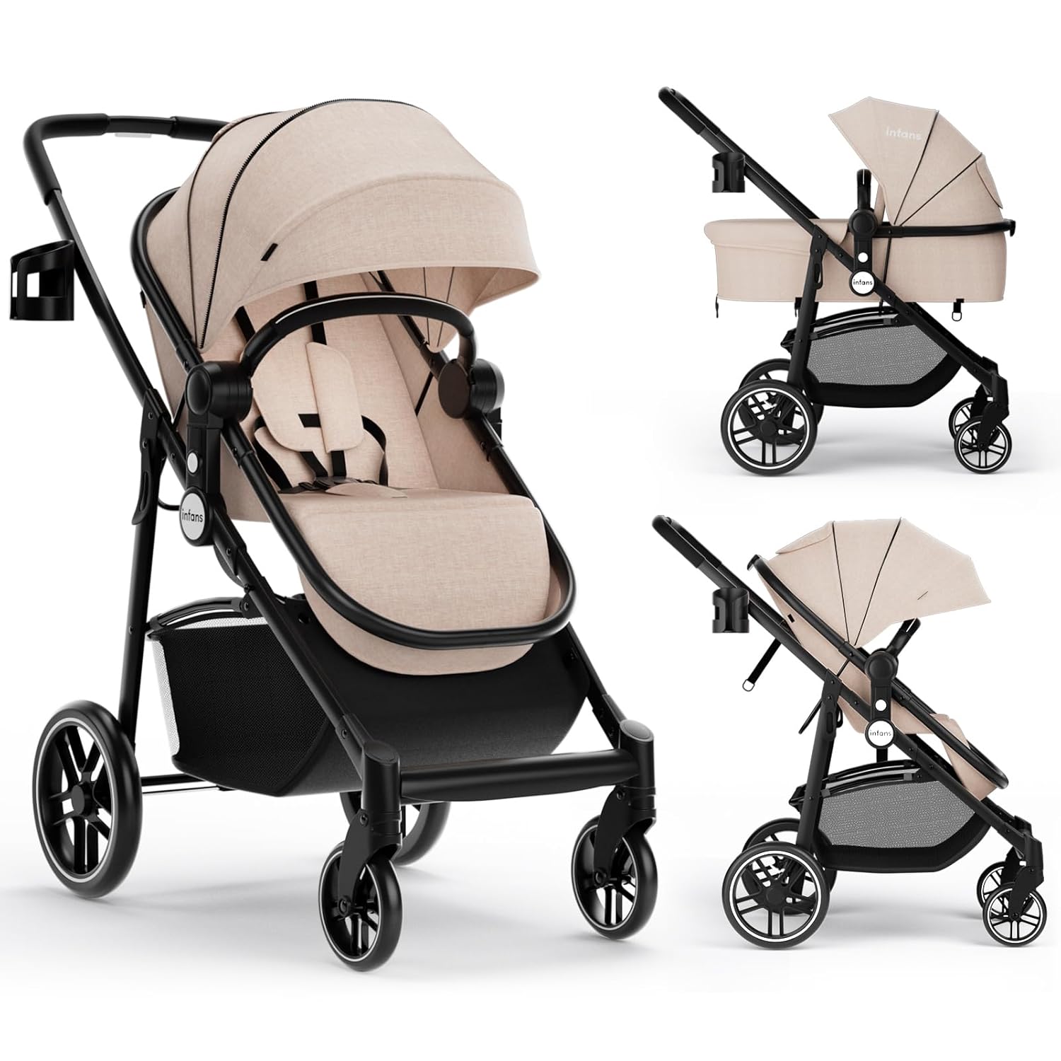 INFANS 2 in 1 Baby Stroller, High Landscape Infant Stroller & Reversible Bassinet Pram, Foldable Pushchair with Adjustable Canopy, Cup Holder, Storage Basket, Suspension Wheels (Khaki) INFANS 2 in 1 Baby Stroller, High Landscape Infant Stroller & Reversible Bassinet Pram, Foldable Pushchair with Adjustable Canopy, Cup Holder, Storage Basket, Suspension Wheels (Khaki)