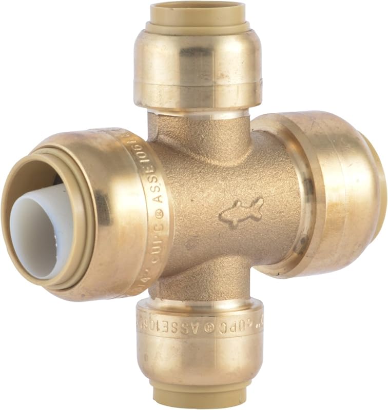 SharkBite 3/4 x 3/4 x 1/2 x 1/2 Inch Cross Tee, Push To Connect Brass Plumbing Fitting, PEX Pipe, Copper, CPVC, PE-RT, HDPE, U380LFA