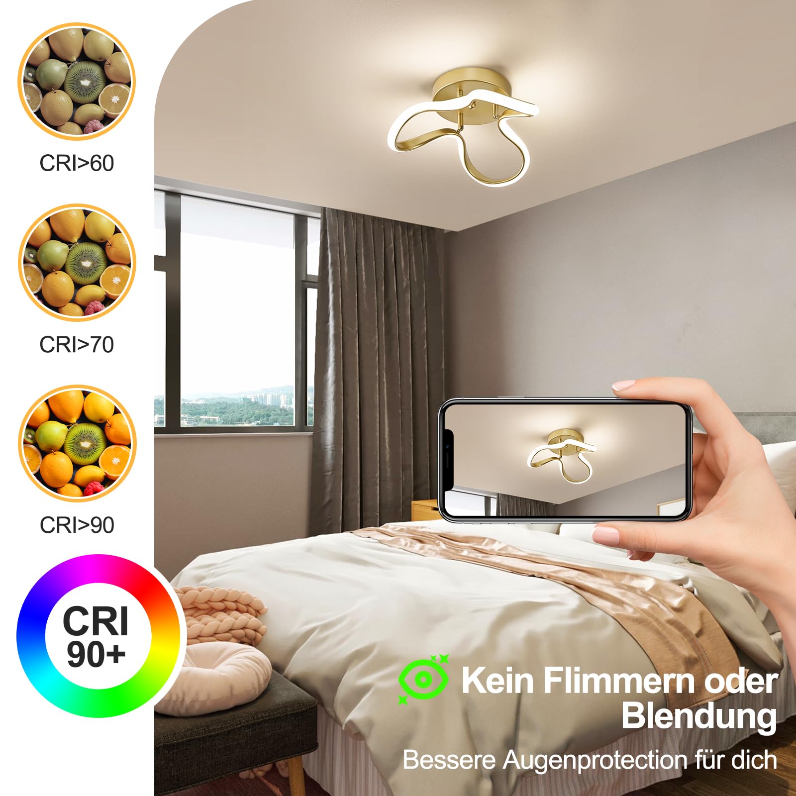 WOKNOS LED Deckenlampe 24W, 4000K Neutralweiß, 31cm Moderne Gold Aluminium Deckenleuchte,CE-zertifiziert, für Schlafzimmer, Wohnzimmer, Flur, Küche, Waschküche