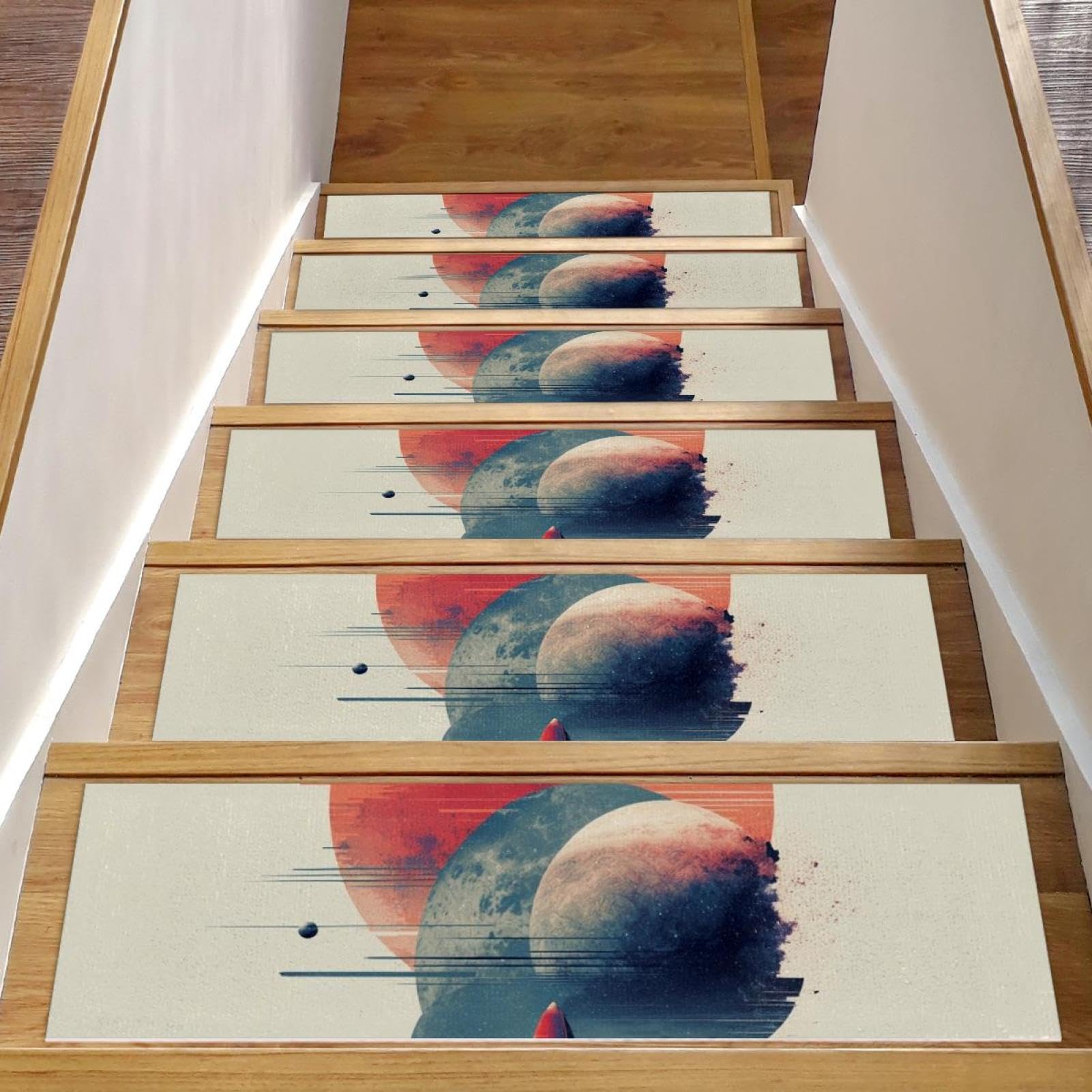 Tapis d'escalier antidérapants bois Space Planets fusées animaux