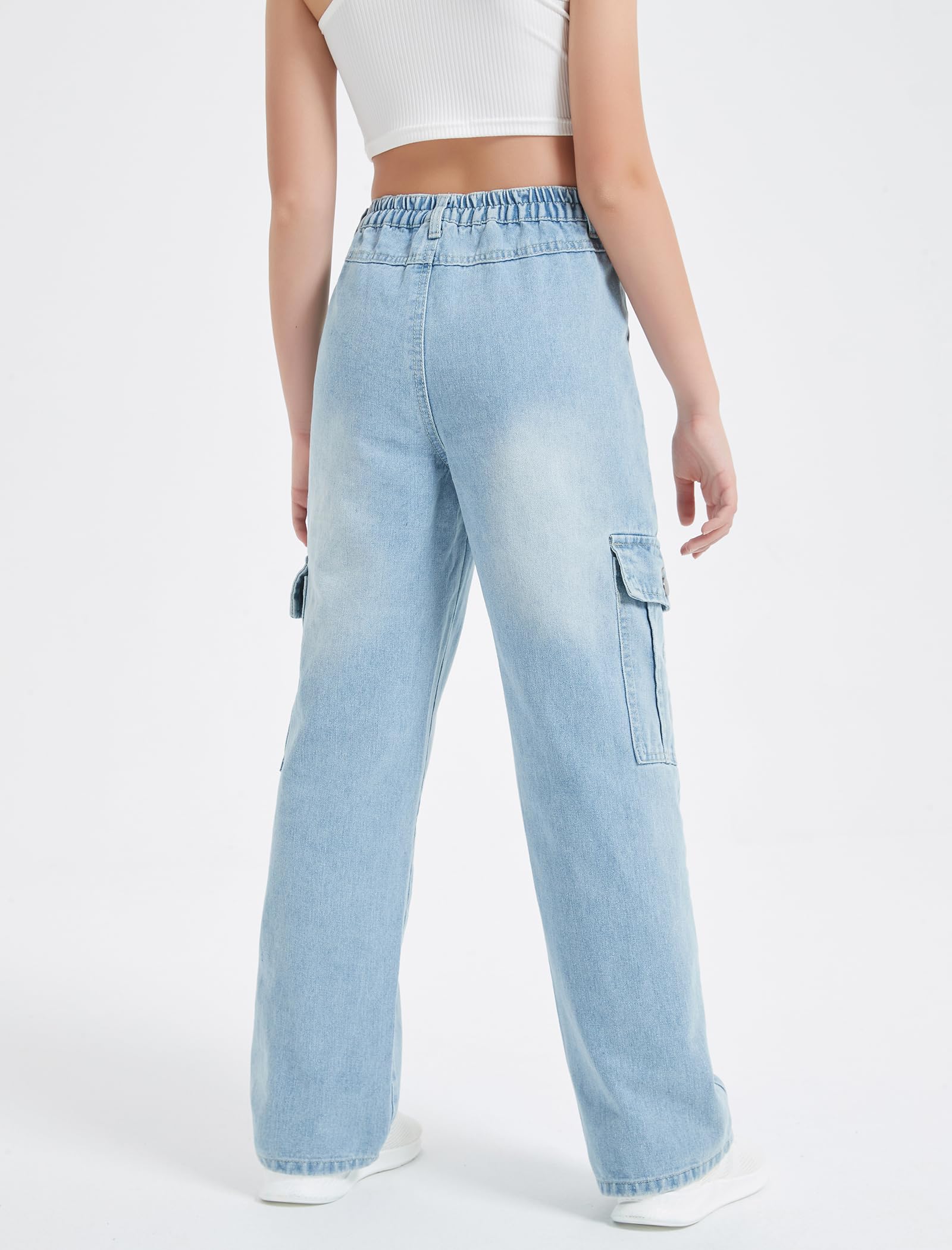 EXARUS Mädchen-Jeans, Cargohose, weites Bein, Denim, gerade, lockere Hose, Tween, hoher elastischer Bund mit Taschen, Jugendliche, 8–14 Jahre