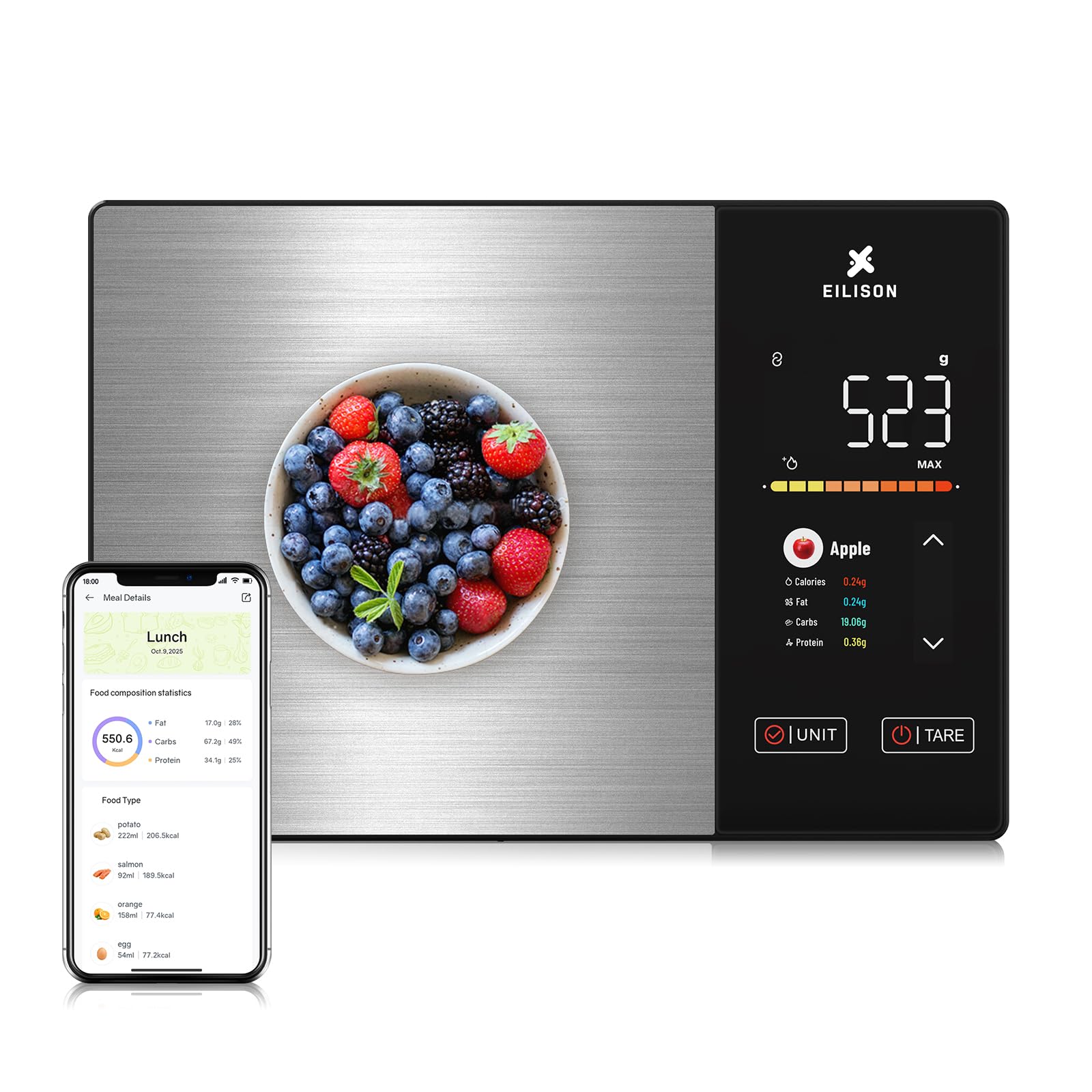 EILISON Smart Kitchen Scale with Nutrition Calculator, Digital Food Scale, Large TFT Color Display, Bluetooth App for 999+ Foods, Calorie Counter & 24