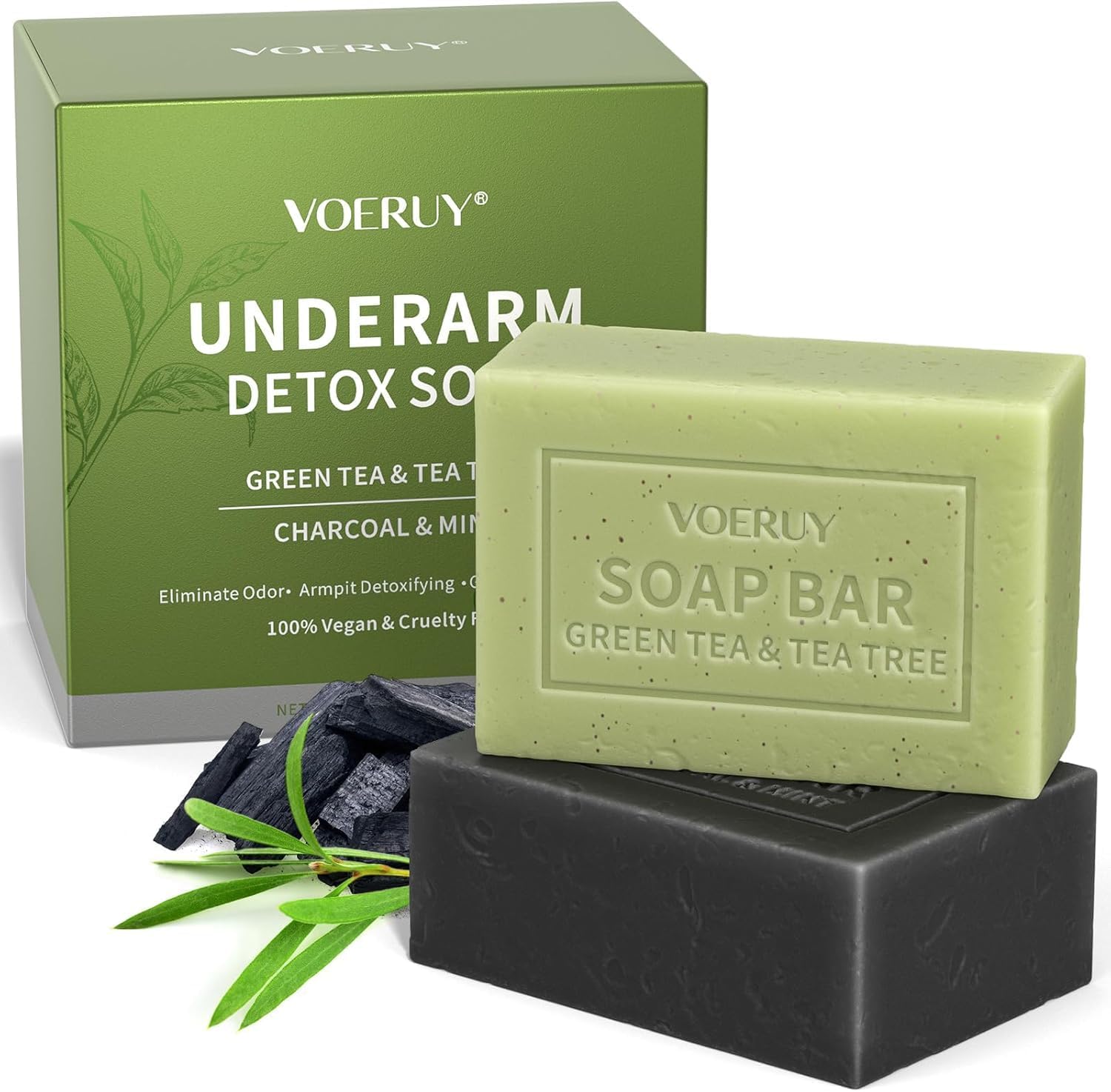 Detox Underarm Soap, Natural Soap, Contains Green Tea & Tea Tree, Bamboo Charcoal & Peppermint, Odor Eliminating Soap Bar, Exfoliating, Moisturizing, Bath Soap for All [Amazon-developed Certification] Compact by Design