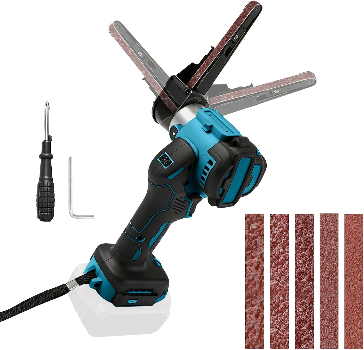Cordless Belt Sander for Ma-kita 18V Batteries – Brushless, 0–13,000 RPM Variable Speed, 360° Rotatable Head, LED Battery Display, Includes 20 Sanding Belts 3/8 x 13 Inch (No Battery)