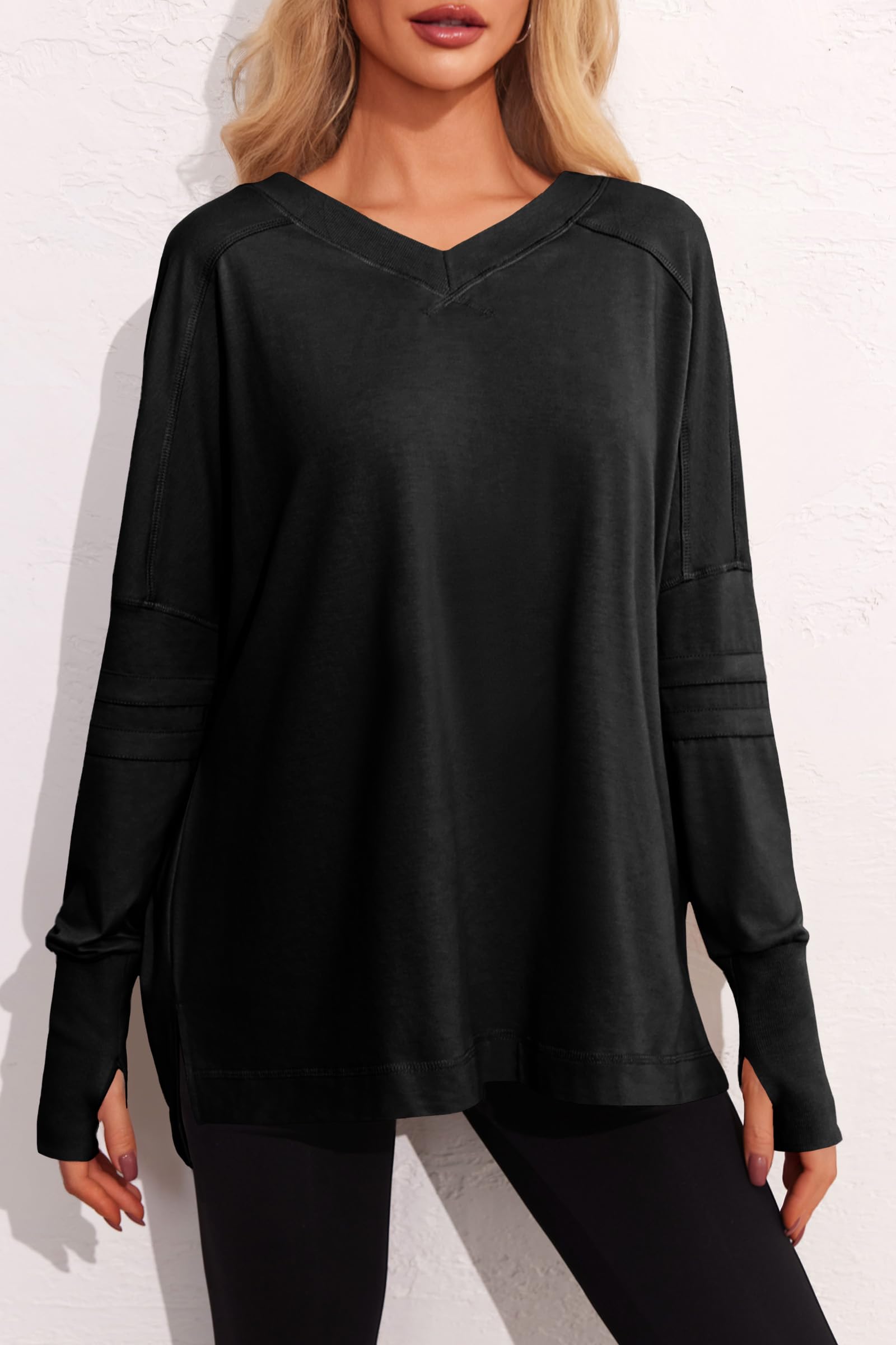 Tankaneo Top da donna a maniche lunghe da allenamento, oversize, con scollo a V, con spacco laterale, tuniche da palestra con fori per i pollici