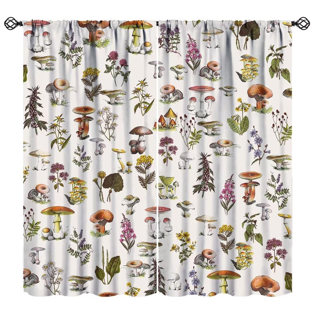 JanJCurt Vintage Botanical Curtains, Rustic Plants Herbs Mushroom Nature Wildflower Print Blackout Window Treatments for Living Room Bedroom Kitchen