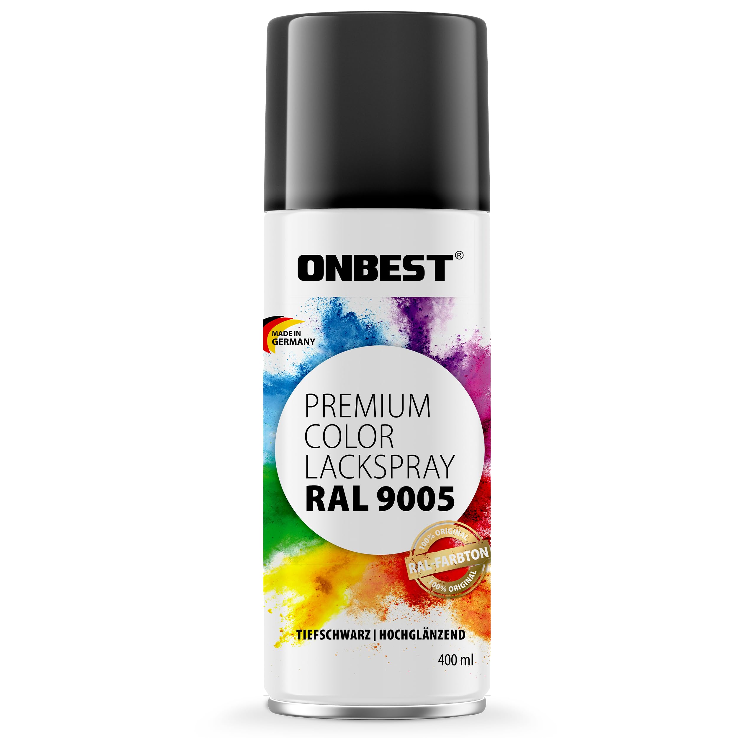 Onbest Premium Lackspray Sprühfarbe – wasserfest – Sprühlack Farbe zum Lackieren, Dekorieren & Reparieren von Oberflächen wie Metall, Holz, Kunststoff, Pappe, Stein (RAL 9005 Schwarz Glänzend)