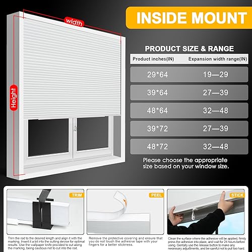 Miniatura 6 de Persianas celulares opacas sin herramientas, sin taladro, recortables, retráctiles, ajustables, para panel deslizante, persianas verticales de panal