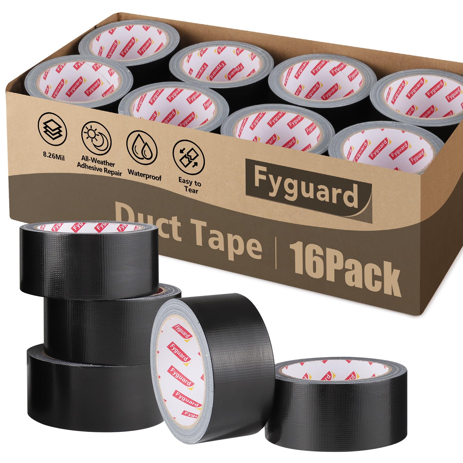 Fyguard 16 Rolls Black Duct Tape, 18m x 48mm Gaffa Tape Adhesive Cloth Tape Water Resistant Hand Tearable for Bundling Cables Repairs Securing Possessions โ image 1