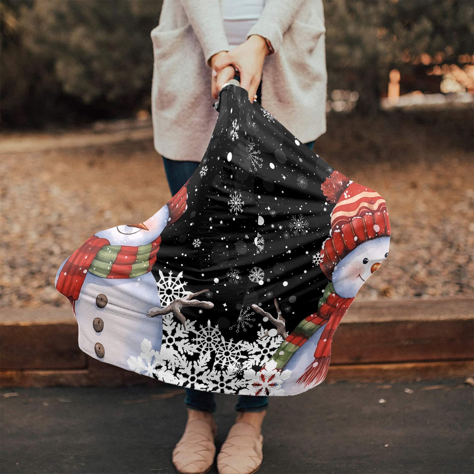 Nursing Cover for Breastfeeding Scarf, Black Christmas Snowman Snowflake Baby Car Covers Super Soft Multi Use for Canopy Shopping Cart Cover Blanket Stroller Cover