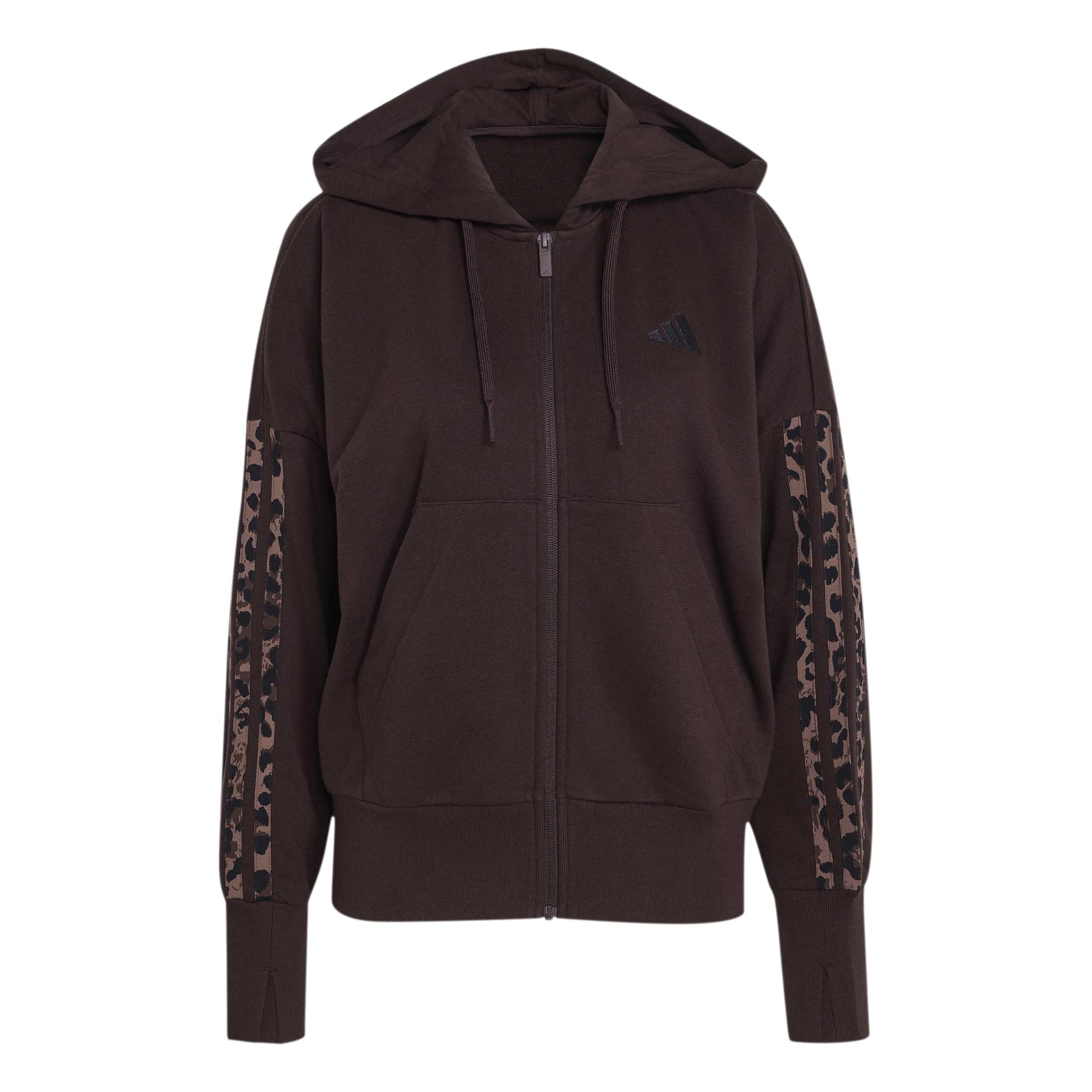 adidas Women's Seasonal Essentials Animal Print 3-Stripes Full-Zip Hooded Track Top Sweatshirt, Aurora Coffee/MULTICOLOR/preloved brown, S