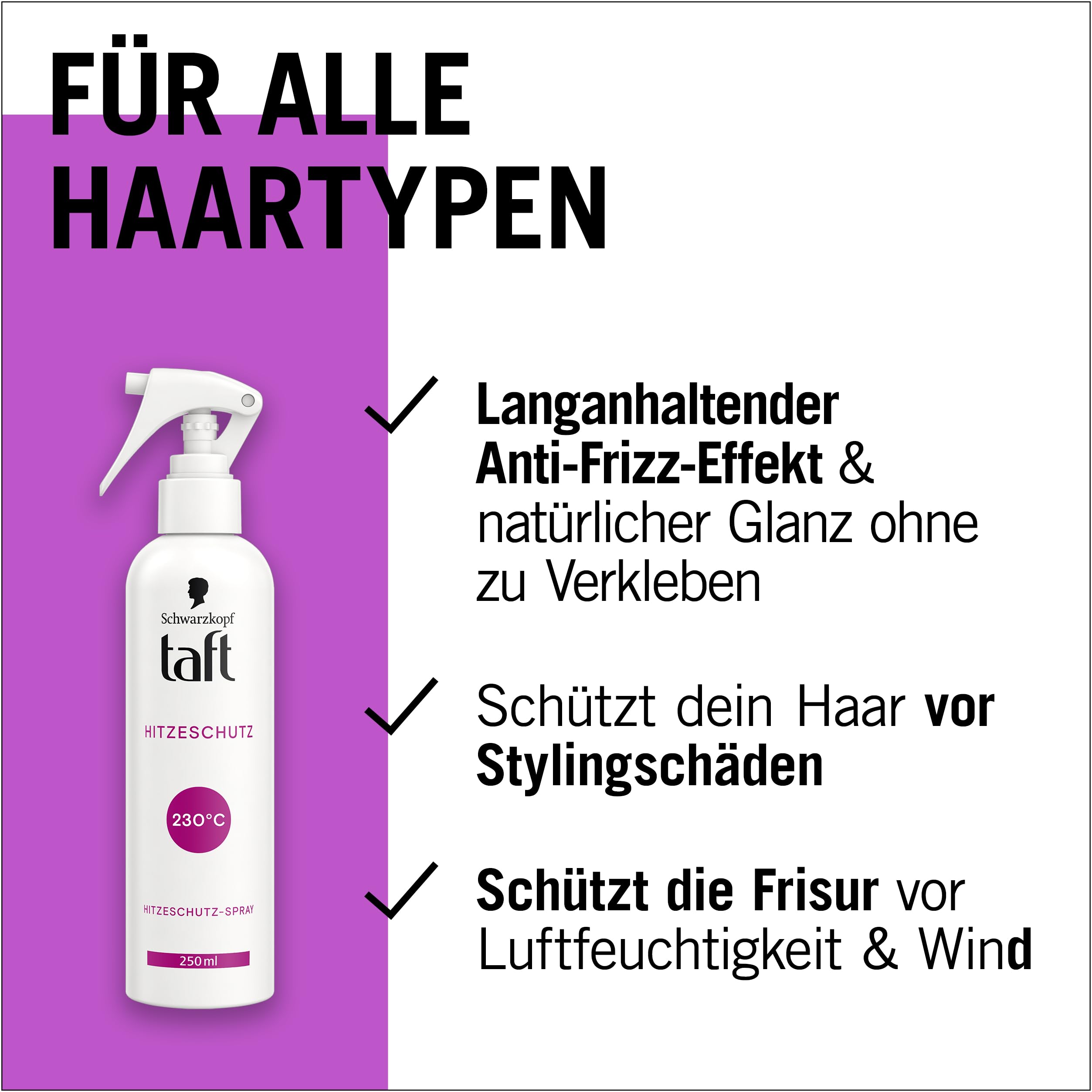 Schwarzkopf Taft spray chroniący przed wysoką temperaturą (250 ml), nadaje się do wszystkich narzędzi do stylizacji włosów, do wszystkich rodzajów włosów z efektem zapobiegającym mechaceniu się i