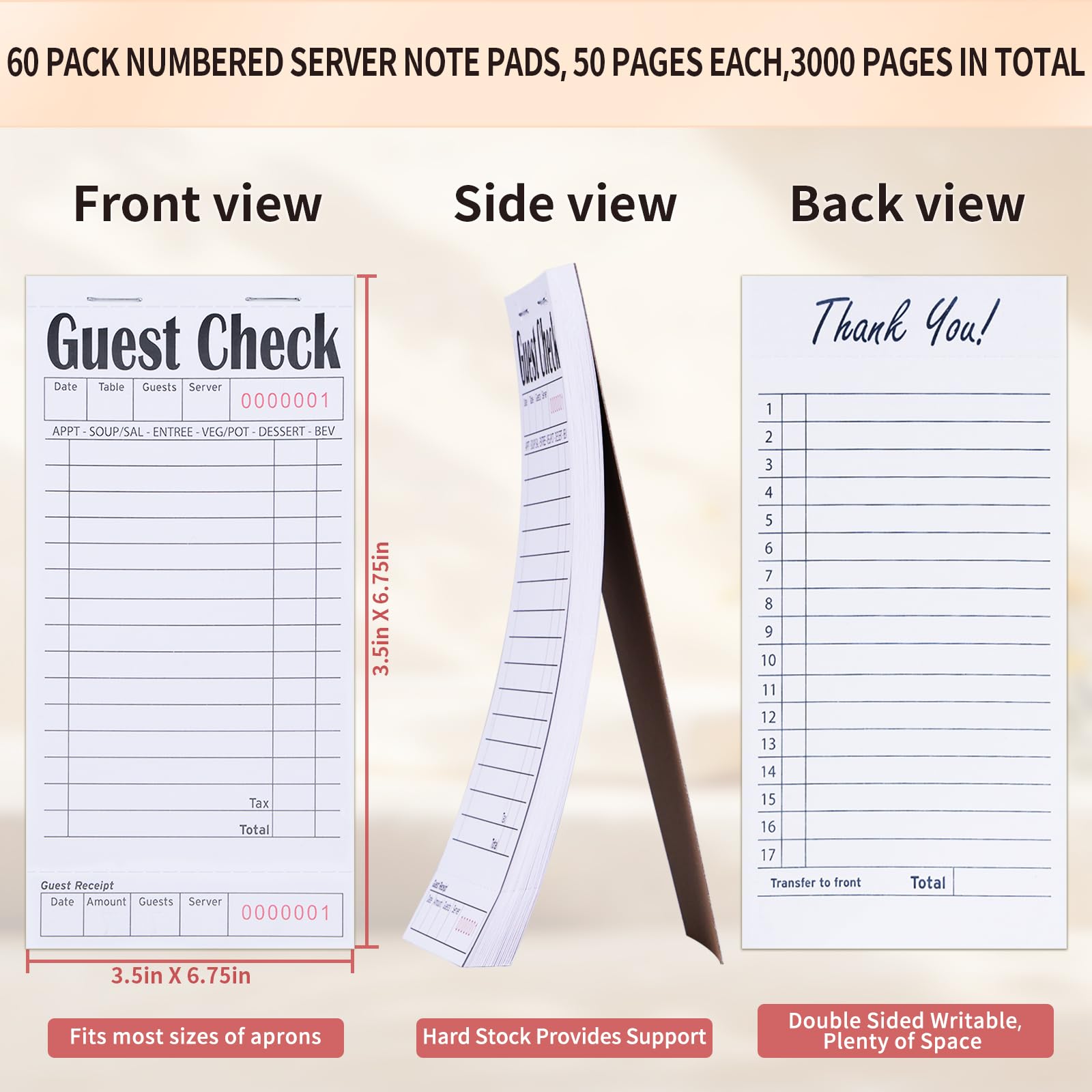 Chequeras de invitados para servidores, blocs de notas, chequera de camarera, bloc de notas de camarera para restaurantes, cheques de papel, 50 hojas/paquete, total de 300 boletos (blanco)