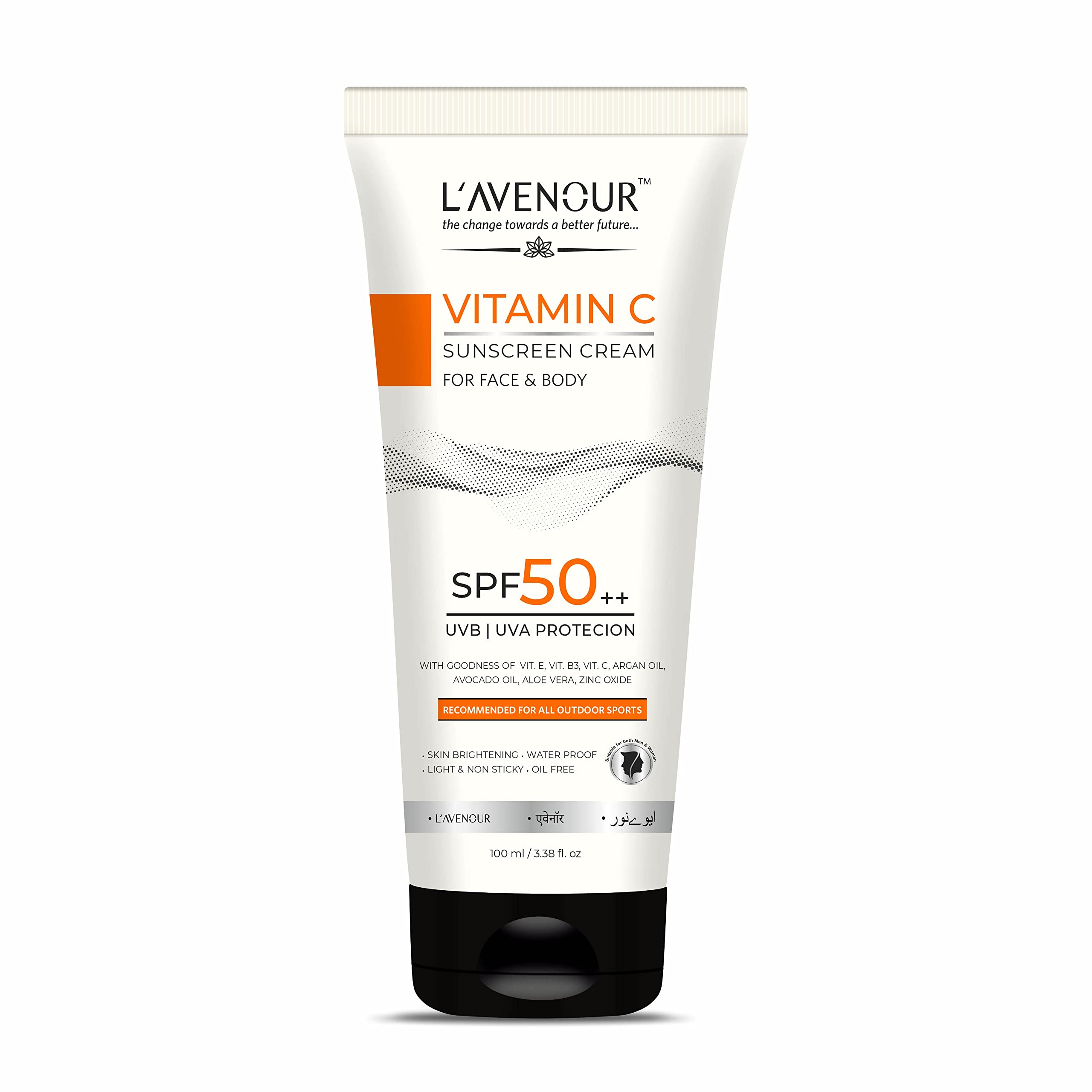 L’avenour Vitamin C Sunscreen, SPF 50 PA++ For UVB & UVA Protection, Skin Brightening, Light & Non-Sticky & Water Proof Sunscreen for Face & Body | For All Outdoor Sports 100ml