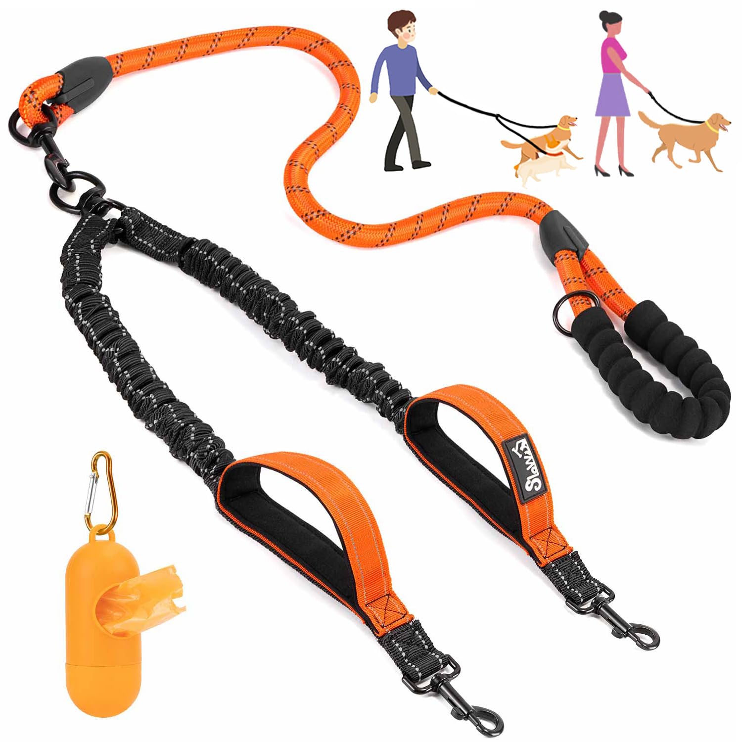Lukovee Double Dog Leash, No Tangle 360° Swivel Heavy Duty Reflective Lead with Two Padded Handles Dual Dog Splitter, Comfortable Shock Absorbing