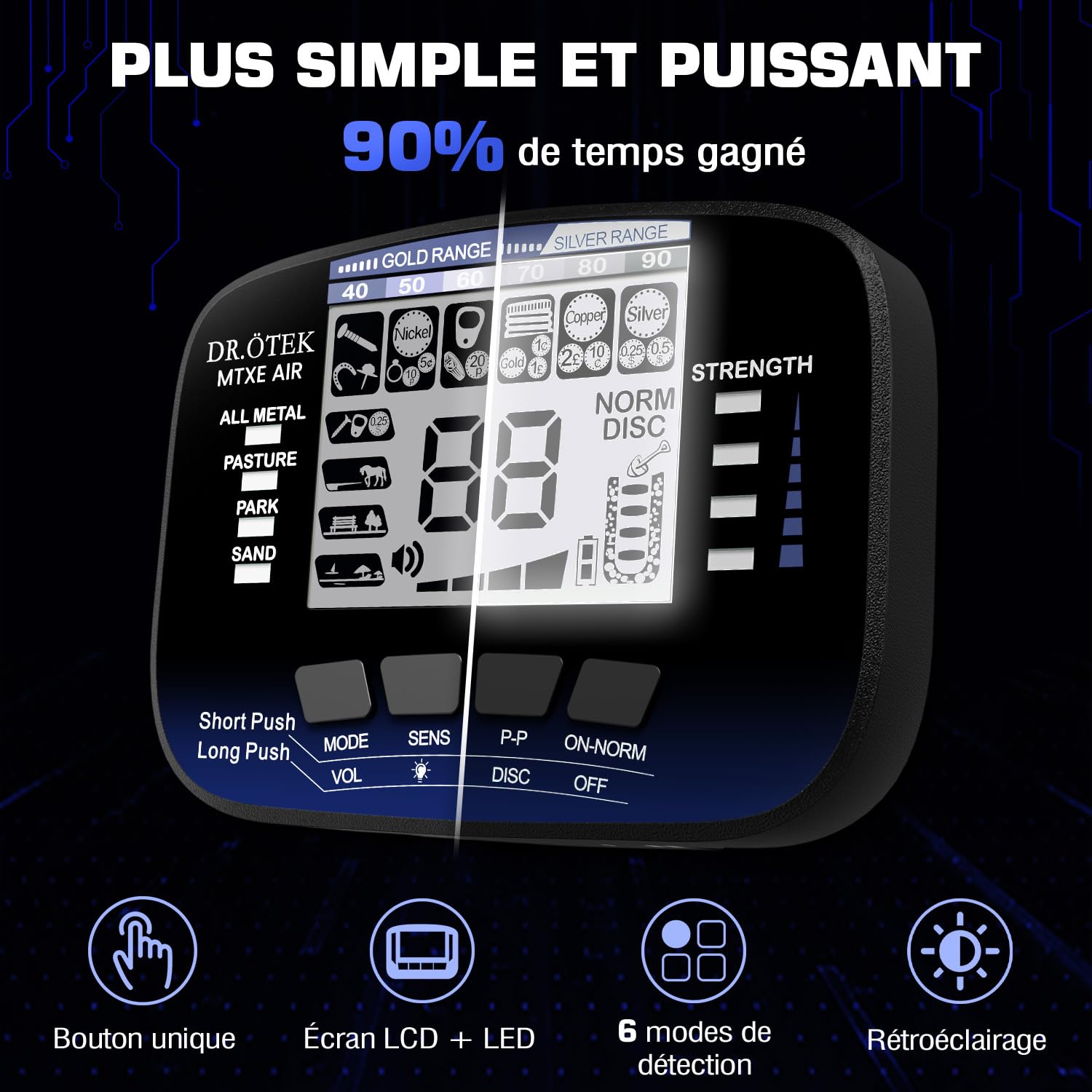 DR.ÖTEK Detecteur de Metaux Professionnel Kit pour Adultes Débutants, 6 Modes, Bobine IP68 Étanche, 3 Terrain Modes Terrain avec Pinpoint, Version améliorée, léger Détecteur de Métaux (AIR-Bleu)