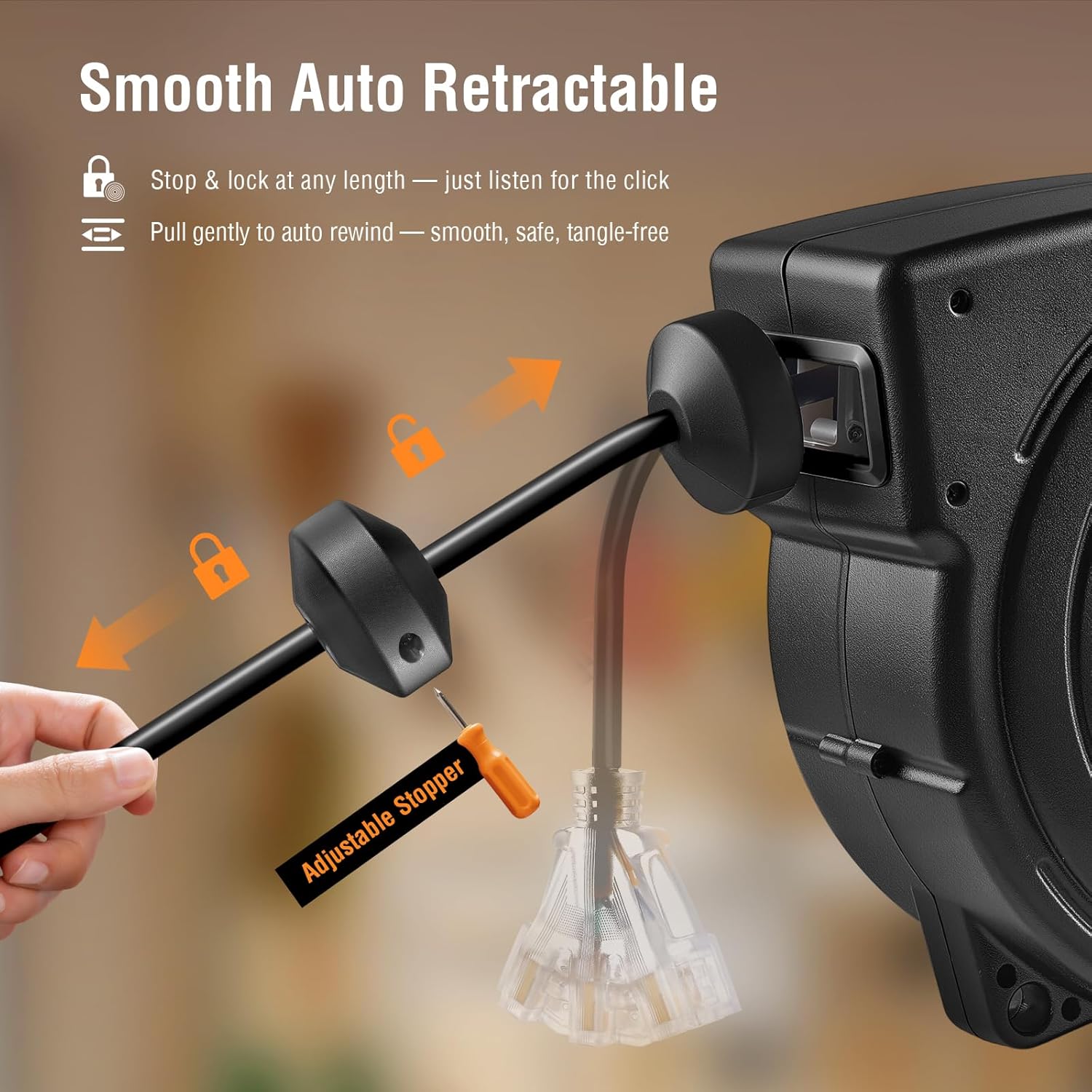 SURAIELEC 12 Gauge Extension Cord Reel, 45 FT Retractable Extension Cord, 12 AWG/3C SJTOW Heavy Duty Power Cord, 15 AMP Circuit Breaker, Lighted Triple Tap, Ceiling or Wall Mount, ETL Listed, Black