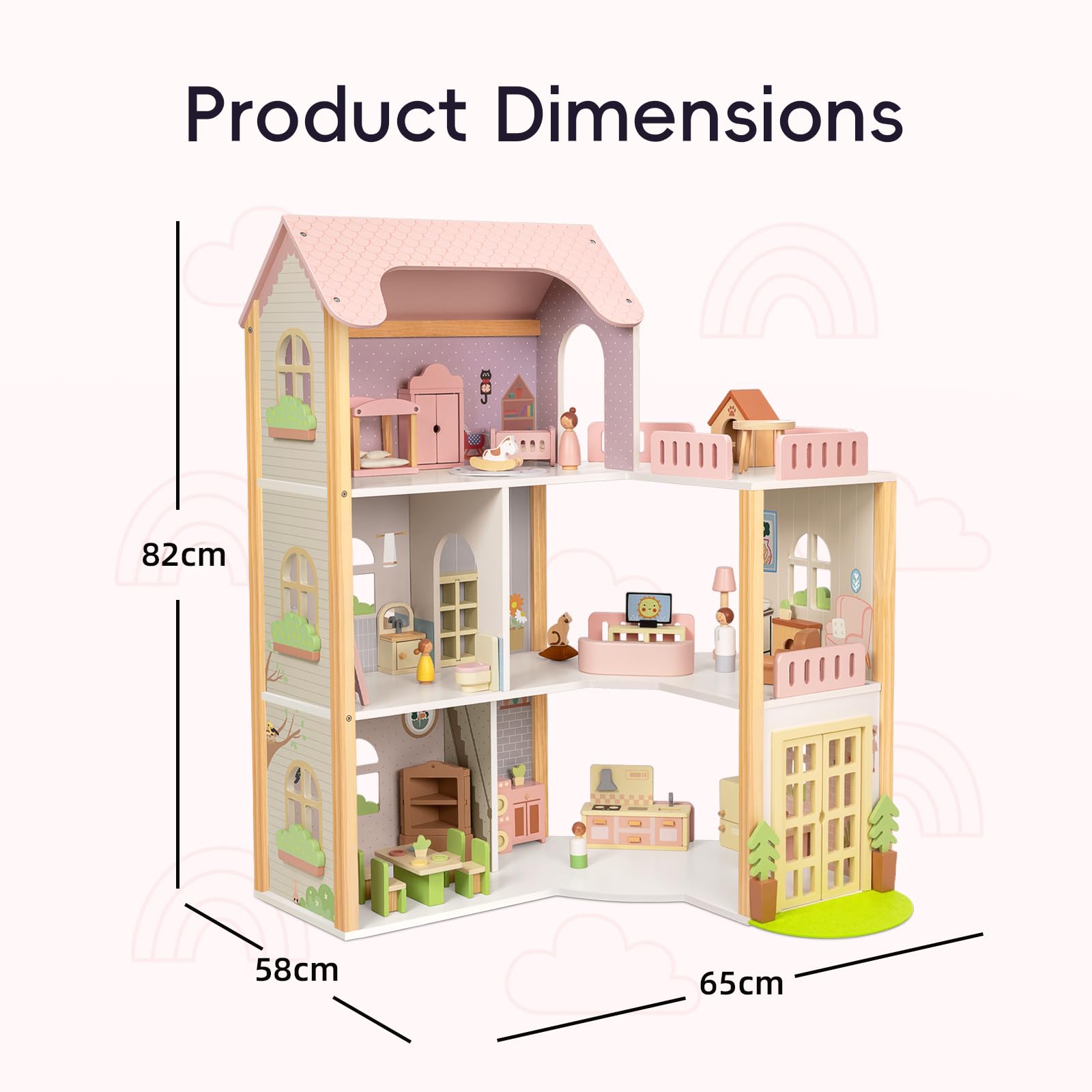 OOOK Puppenhaus Holz, Puppenhaus ab 3 Jahre Mädchen mit 60 Möbel Zubehör, 3-stöckiges Holzpuppenhaus Groß mit 4 Puppen und 2 Haustieren, Wooden Doll House for Girls | 4 Puppen und 2 Haustiere, großes 3-stöckiges Puppenhaus mit 6 Zimmern, Puppenhaus für Mä